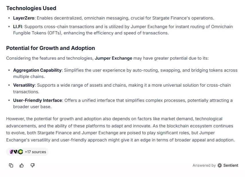 Asked both ChatGPT and <a href="/SentientAGI/">Sentient</a>  to compare Stargate Finance &amp; Jumper Exchange. Both gave solid breakdowns of the projects, but <a href="/SentientAGI/">Sentient</a>  answer was sharper and more concise.
