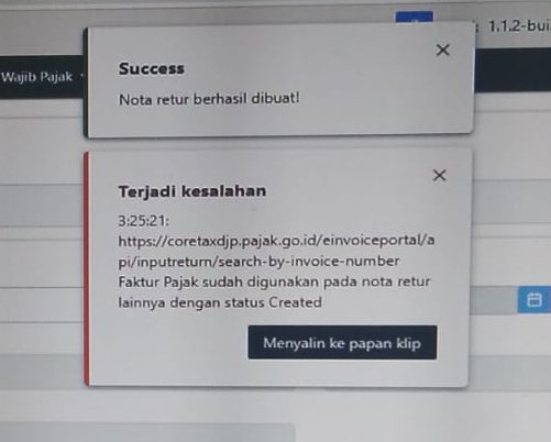 Soe_Edwhyns92's tweet photo. @kring_pajak hai min, saya mau buat retur masukan , nota retur berhasil dibuat, tapi saat di cek di retur pajak masukan tidak muncul returnya, sudah di refresh masih sama tidak muncul https://t.co/n4ZYJU4H2D