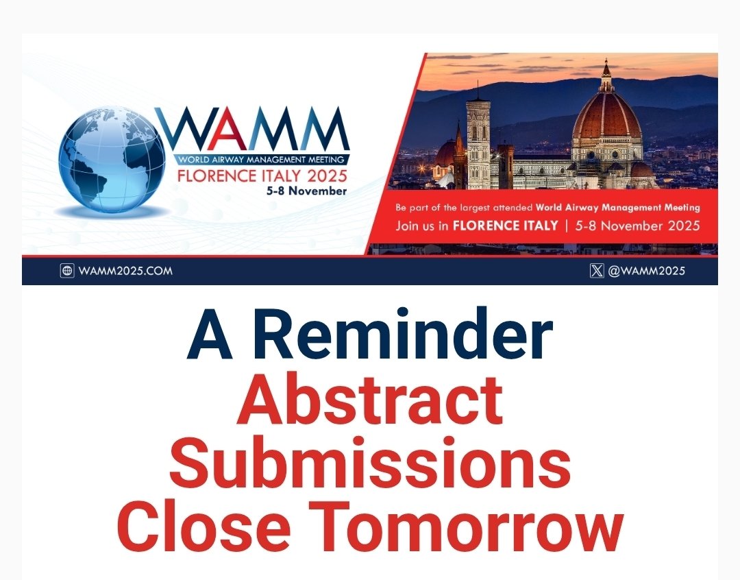 Difficult Airway Society (DAS) (@dasairway) on Twitter photo 🚨 Last chance to submit your abstracts for <a href="/WAMM2025/">World Airway Management Meeting</a>
The abstract portal closes tomorrow!
wamm2025.com
<a href="/EAMSAirway/">EAMS</a> <a href="/SAMHQglobal/">SAMHQGlobal</a> 🚨 Last chance to submit your abstracts for <a href="/WAMM2025/">World Airway Management Meeting</a>
The abstract portal closes tomorrow!
wamm2025.com
<a href="/EAMSAirway/">EAMS</a> <a href="/SAMHQglobal/">SAMHQGlobal</a>