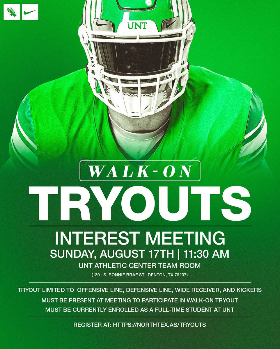 Joivan Jiménez 🇵🇦 (@joivanjimenez) on Twitter photo 👀 <a href="/MeanGreenFB/">UNT Football</a>
🚨 WALK-ON TRYOUTS 🚨
Mandatory meeting on August 17th.
Please RSVP by filling out the form below.
📝: northtex.as/Tryouts
#GMG🦅 👀 <a href="/MeanGreenFB/">UNT Football</a>
🚨 WALK-ON TRYOUTS 🚨
Mandatory meeting on August 17th.
Please RSVP by filling out the form below.
📝: northtex.as/Tryouts
#GMG🦅