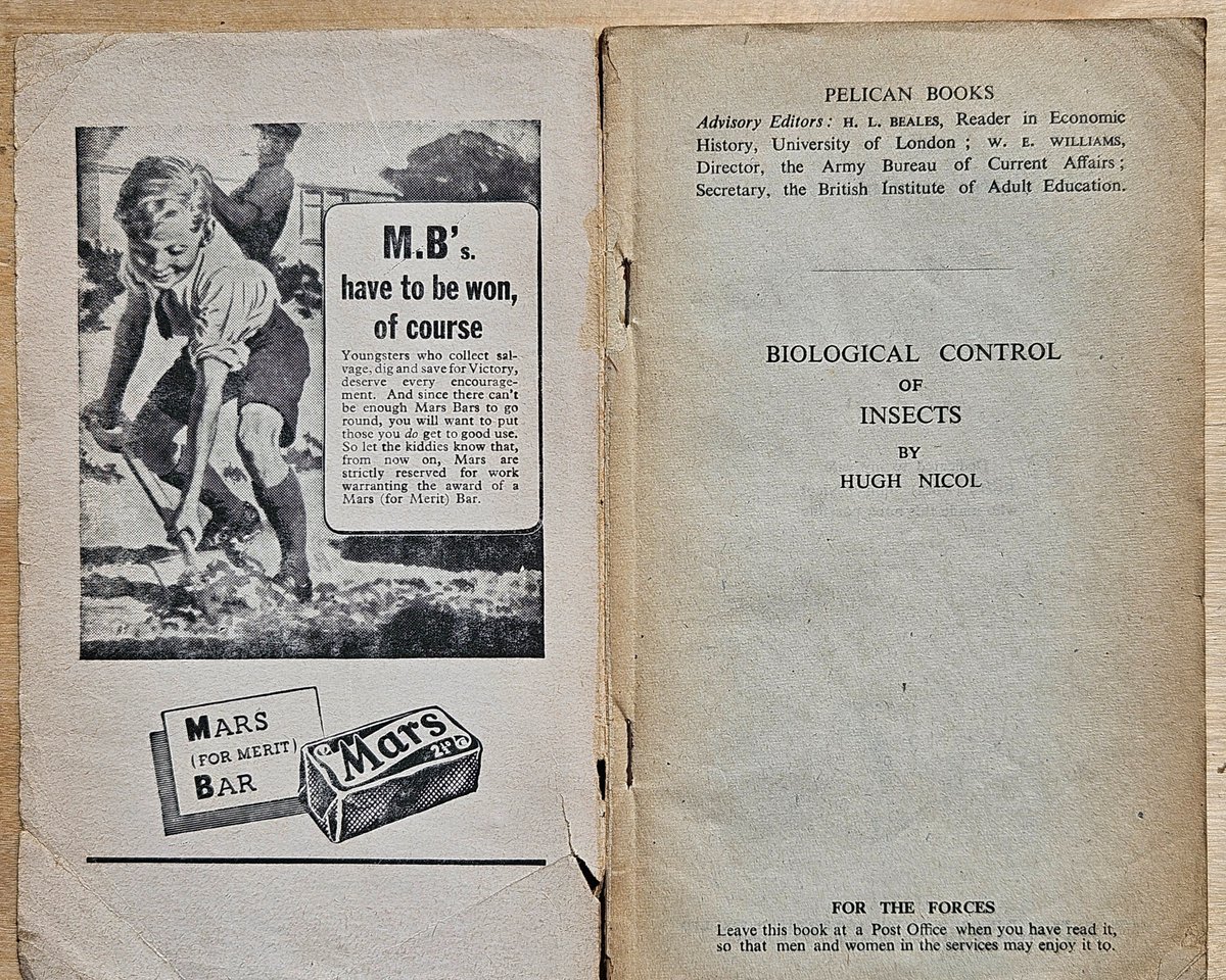 vivyouell's tweet image. One from the #bookshelf- 1943 Pelican book, &quot;The Biological Control of Insects&quot;, with Alice in Wonderland quotes at start of each chapter, WW2 dig for Victory ad for Mars Bar &amp;amp; request to leave book at a Post Office for service people. Splendid
#penguinbooks #books #booklover