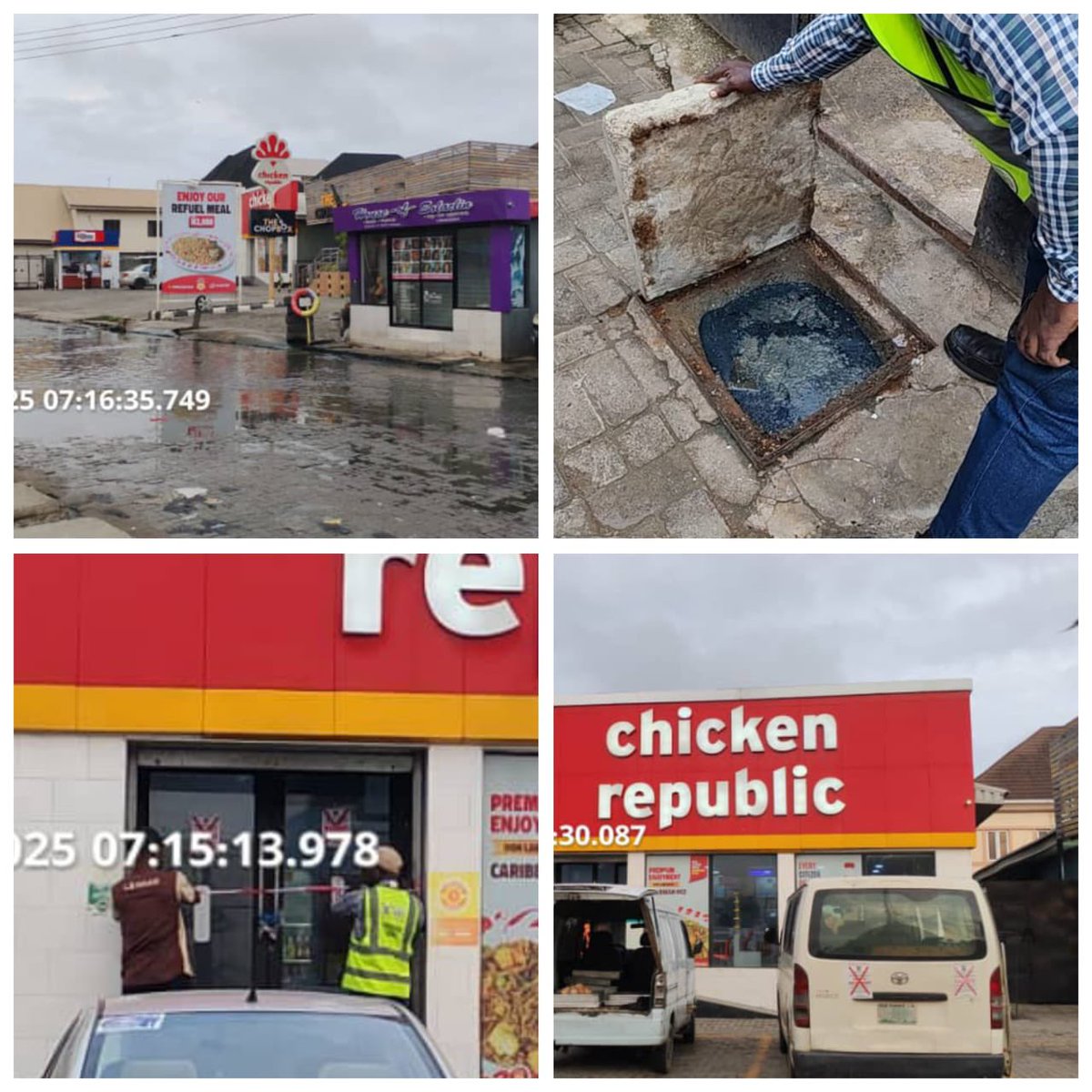 tokunbo_wahab's tweet photo. Lagos State government sealed-off Chicken Republic on No. 23, Agungi Ajiran Road, Lekki, Lagos, for deliberate discharge of Wastewater onto the road thereby causing damage to the public infrastructure, nuisance, environmental pollution and endangering human life.

#ZeroToleranceLagos