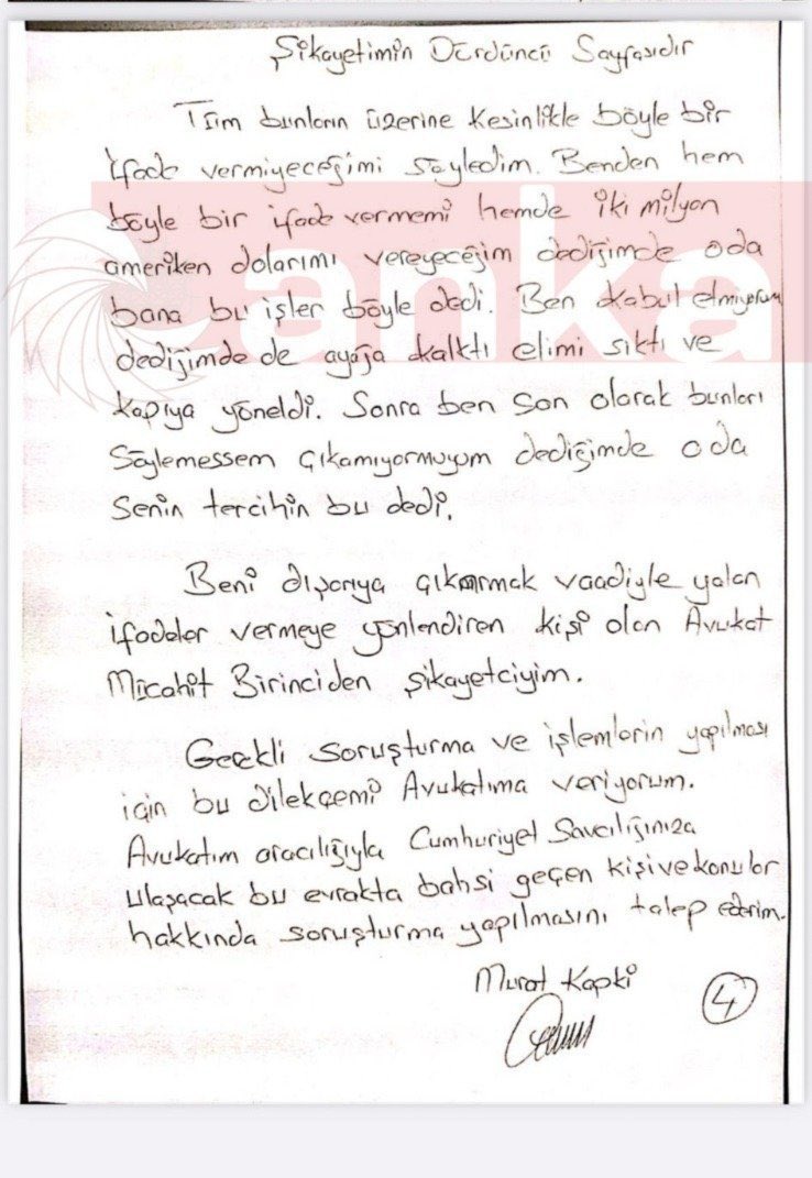 “Murat Kapki’ye Mücahit Birinci denen arkadaş gitti.  Murat Kapki’nin önüne 1,5 sayfalık ifade tutanağı koyup bunu imzalayacaksın, üstüne de 2 Milyon dolar vereceksin, buradan tıpış tıpış gideceksin dedi.”

#ÖzgürÖzel