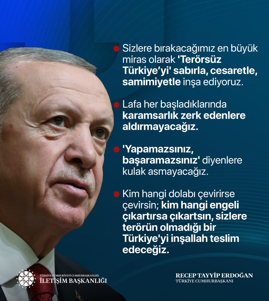 Oğuz Kaan POLAT (@oguzkaan_plt) on Twitter photo Cumhurbaşkanımız Recep Tayyip Erdoğan:
"Kim hangi dolabı çevirirse çevirsin; kim hangi engeli çıkartırsa çıkartsın, sizlere terörün olmadığı bir Türkiye’yi inşallah teslim edeceğiz."
#GücüAKGençlik
<a href="/RTErdogan/">Recep Tayyip Erdoğan</a>
<a href="/mahmutnazirli/">Mahmut Rıdvan Nazırlı</a> Cumhurbaşkanımız Recep Tayyip Erdoğan:
"Kim hangi dolabı çevirirse çevirsin; kim hangi engeli çıkartırsa çıkartsın, sizlere terörün olmadığı bir Türkiye’yi inşallah teslim edeceğiz."
#GücüAKGençlik
<a href="/RTErdogan/">Recep Tayyip Erdoğan</a>
<a href="/mahmutnazirli/">Mahmut Rıdvan Nazırlı</a>