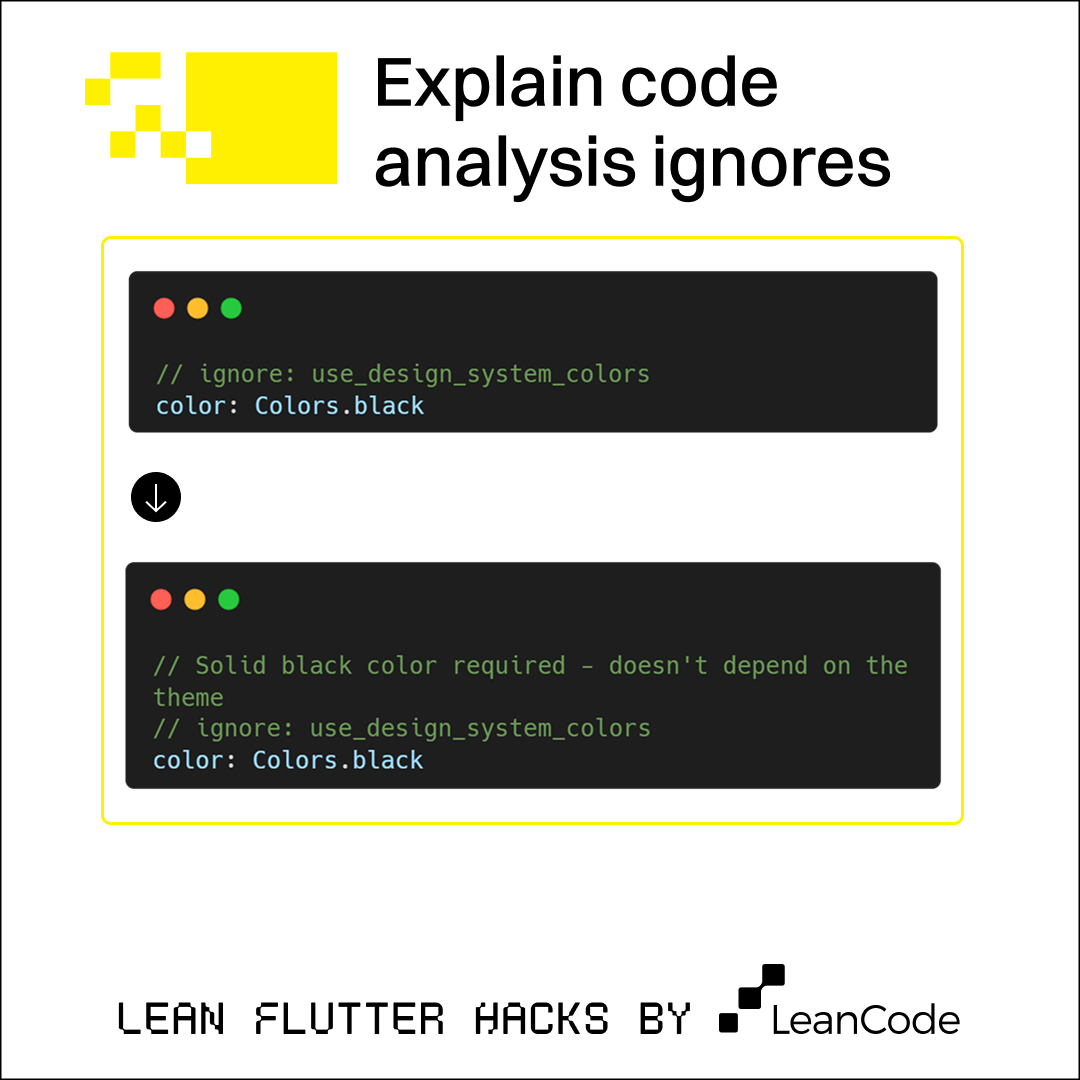 LeanCodePl's tweet image. 🚀 #LeanFlutterHacks – Ep. 7: Explain code analysis ignores 🚀
We’ve all been there: a lint rule gets in the way, and you drop in an ignore to move on.
✅ Sometimes it’s intentional.
✅ Sometimes it’s just a quick workaround.
If you do, always leave a short comment explaining…