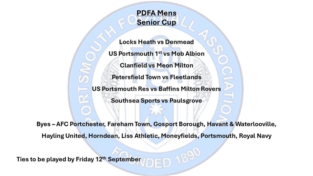 Portsmouth Divisional Football Association (@pdfacups) on Twitter photo Draw for the 1st round of the PDFA Senior cup 25/26
Ties to be played by 12/9
<a href="/locksheathfc/">Locks Heath Football Club</a> <a href="/DenmeadFC/">Denmead FC</a> <a href="/usportsmouthfc/">USPFC</a> <a href="/fc_mob/">Mob Albion FC</a> <a href="/clanfieldfc/">Clanfield FC</a> <a href="/FCMeonMilton/">Meon Milton Mens</a> <a href="/PTFCTheRams/">Petersfield Town FC ๐</a> <a href="/fleetlandsfc_/">๐
๐ฅ๐๐๐ญ๐ฅ๐๐ง๐๐ฌ ๐
๐ ๐</a> <a href="/BMRFC/">Baffins Milton Rovers FC</a> <a href="/southseasportfc/">Southsea Sports FC</a> <a href="/PaulsgroveFC/">Paulsgrove FC</a> Draw for the 1st round of the PDFA Senior cup 25/26
Ties to be played by 12/9
<a href="/locksheathfc/">Locks Heath Football Club</a> <a href="/DenmeadFC/">Denmead FC</a> <a href="/usportsmouthfc/">USPFC</a> <a href="/fc_mob/">Mob Albion FC</a> <a href="/clanfieldfc/">Clanfield FC</a> <a href="/FCMeonMilton/">Meon Milton Mens</a> <a href="/PTFCTheRams/">Petersfield Town FC ๐</a> <a href="/fleetlandsfc_/">๐
๐ฅ๐๐๐ญ๐ฅ๐๐ง๐๐ฌ ๐
๐ ๐</a> <a href="/BMRFC/">Baffins Milton Rovers FC</a> <a href="/southseasportfc/">Southsea Sports FC</a> <a href="/PaulsgroveFC/">Paulsgrove FC</a>