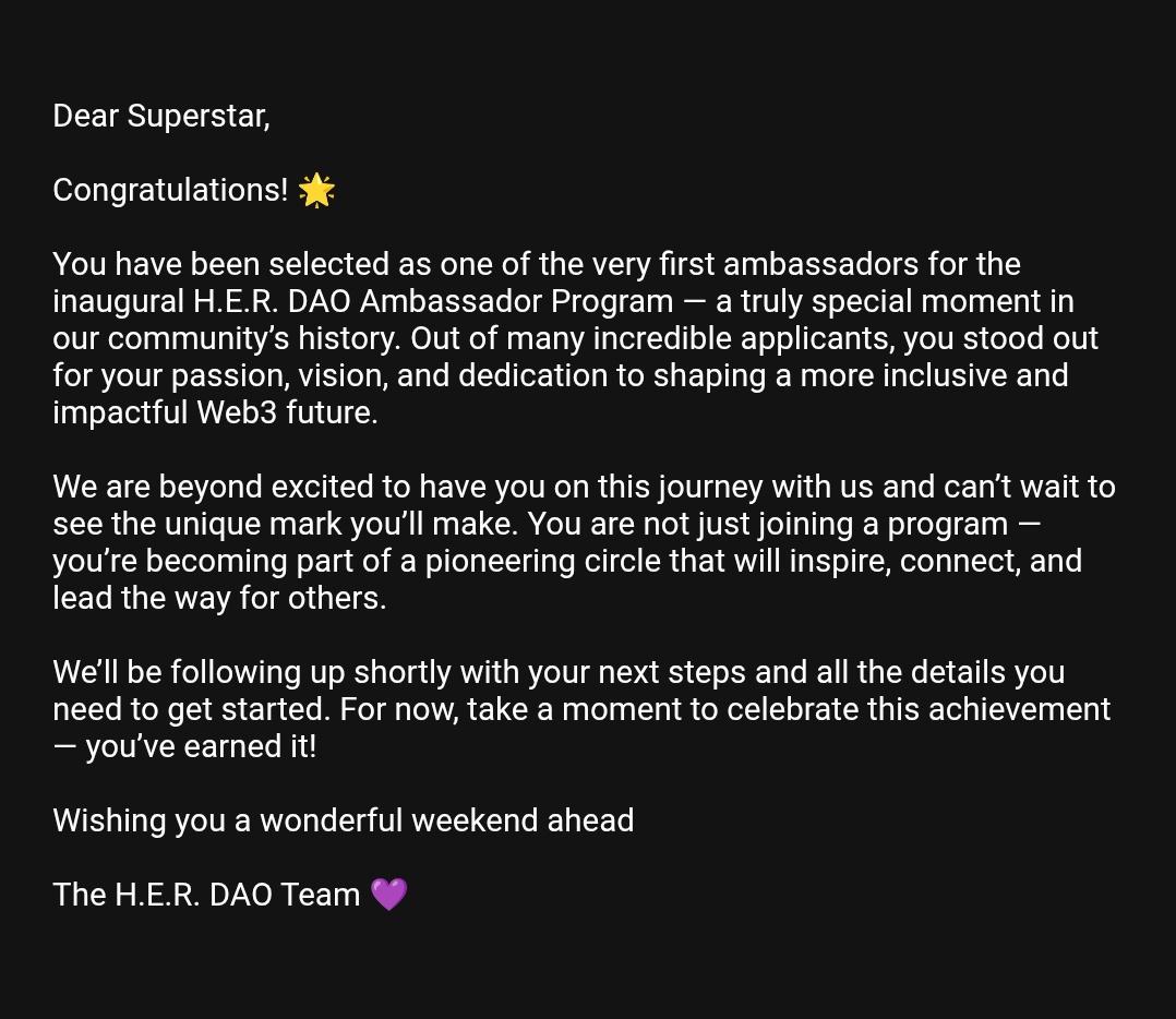 Chelsea Debrah (@chelseadebrah) on Twitter photo What are the odds?๐ I became one of the very first H.E.R. DAO Ambassadors
on my mumโs birthday ๐โค๏ธ
Grateful and ready for a more inclusive Web3 future โจ
Huge thank you to <a href="/Onallee/">Onallee | #Buildinโ ๐ </a> and the <a href="/_HerDAO/">H.E.R. DAO @ H.E.R. DAO HACKERHOUSE w/ ETH ACCRA</a> for trusting me with this.๐โค๏ธ๐
#HERDAO #Web3 #WomenInBlockchain #DAO . What are the odds?๐ I became one of the very first H.E.R. DAO Ambassadors
on my mumโs birthday ๐โค๏ธ
Grateful and ready for a more inclusive Web3 future โจ
Huge thank you to <a href="/Onallee/">Onallee | #Buildinโ ๐ </a> and the <a href="/_HerDAO/">H.E.R. DAO @ H.E.R. DAO HACKERHOUSE w/ ETH ACCRA</a> for trusting me with this.๐โค๏ธ๐
#HERDAO #Web3 #WomenInBlockchain #DAO .