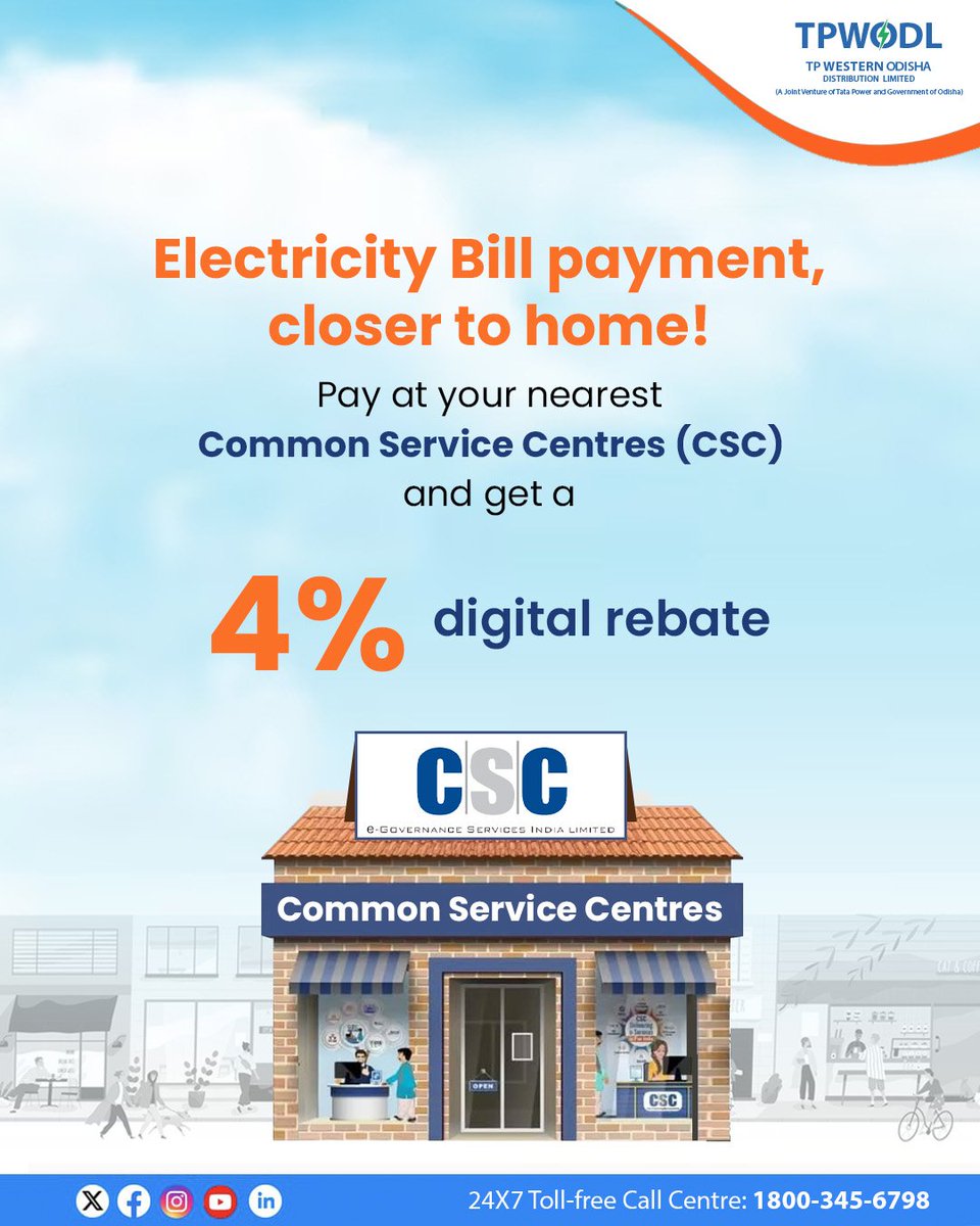 #TPWODL has partnered with Common Service Centres (CSCs) to make electricity bill payments simpler and more accessible. 

With their extensive reach in both rural and urban areas, CSCs provide a secure and convenient way to pay bills while offering a 4% digital rebate to