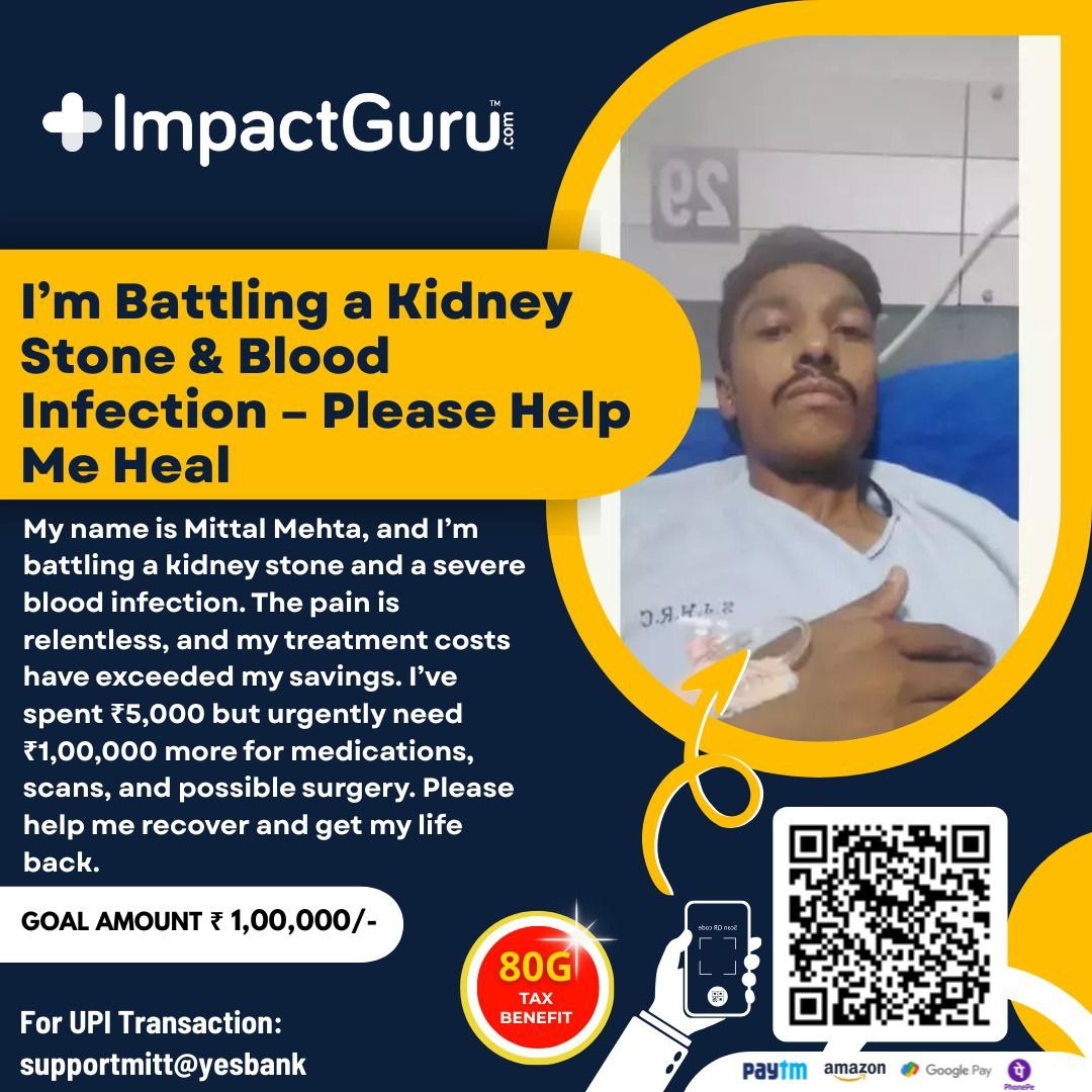 cryptoholder113's tweet photo. @thisisksa OMG 😔 Mittal Mehta's goin thru a super tough time with that kidney stone and blood infection.He's already spent ₹5,000 and needs ₹1,00,000 more for treatment meds, scans,and maybe surgery https://t.co/dyV1m49iSb. Even sharin' this post can help give him some strength and hope https://t.co/gBt5rHf0PD