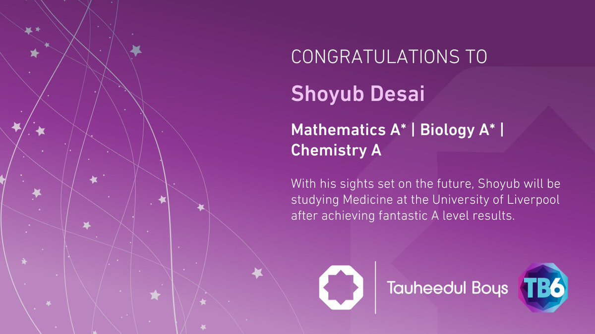 tauheedulboys's tweet image. Huge congratulations to TB6 student Shoyub Desai on achieving A* in Mathematics, A* in Biology and A in Chemistry. He will be moving on to @LivUni to study Medicine.

#TB6 #Alevels #ResultsDay #WeAreStar
@StarAcademies