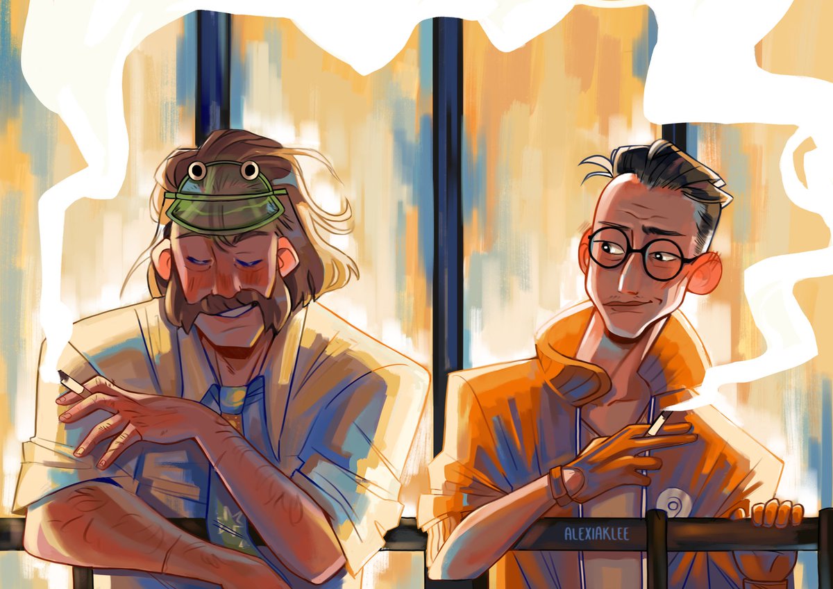 Alexiaklee's tweet image. Since that day, Kim smokes his nightly cigarette with Harry every day 🌙
#DiscoElysium #kimharry