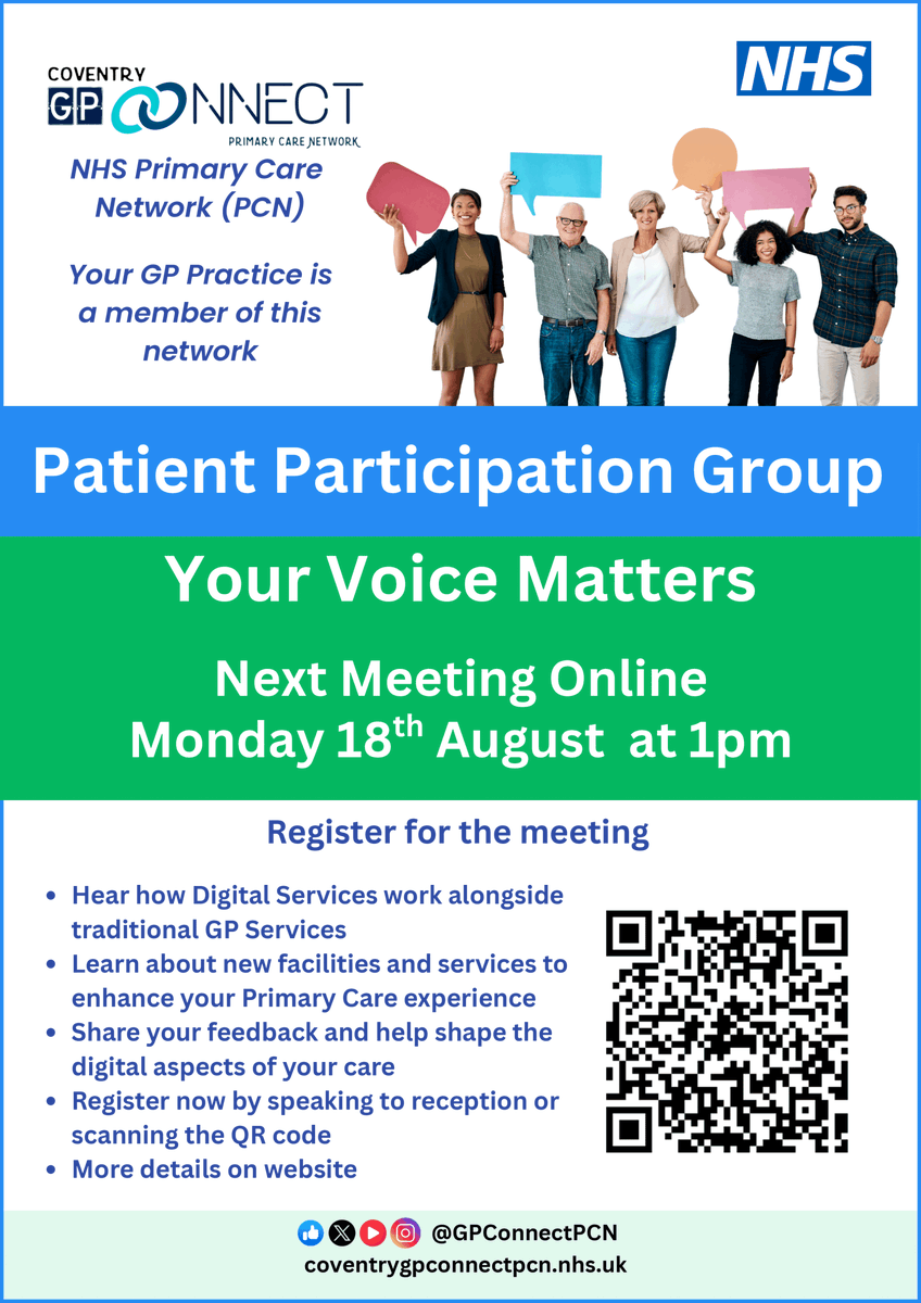 GPConnectPCN's tweet photo. Join Our GP Patient Participation Group (DPPG) Meeting!
🗓️Monday, 18th August @ 1pm
📍Online Come along and hear about the new digital tools and services designed to make accessing your GP easier and more convenient.
Register here: https://t.co/aUgs4CtOp1
#NHS #DPPG #digital https://t.co/gv6eQMlJ0G