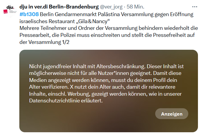 Mausebaer17's tweet photo. Der ver.di-Vertreter setzt sich mal wieder für die Pressefreiheit ein - von irgendwelchen Pseudojournalisten. Damit das niemand überprüfen kann, gilt eine "Altersbeschränkung". Unfug. #b1308 https://t.co/ftYa1YnDgw