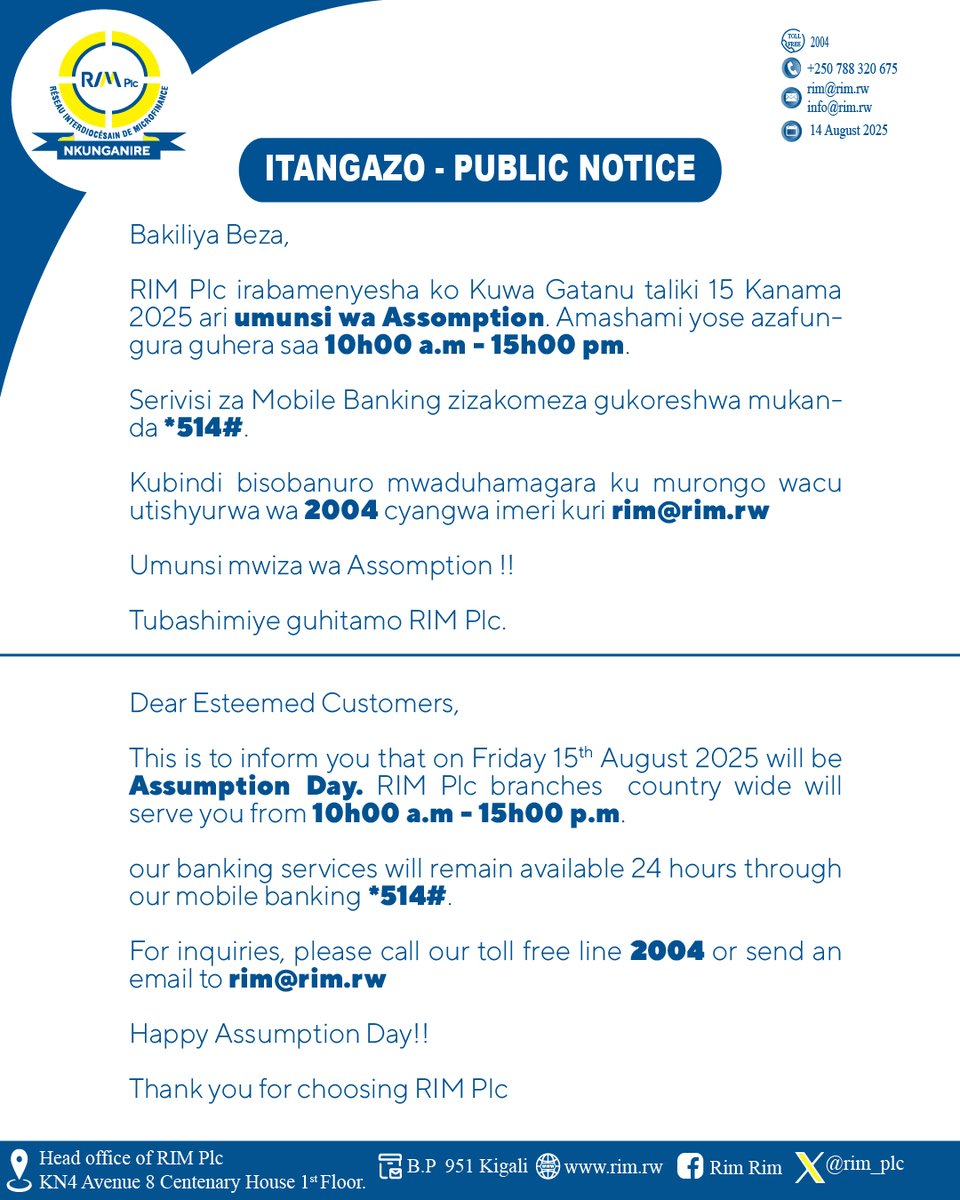 📢Notice 
Happy #AssumptionDay! 
 Thank you for choosing #RIMPlc