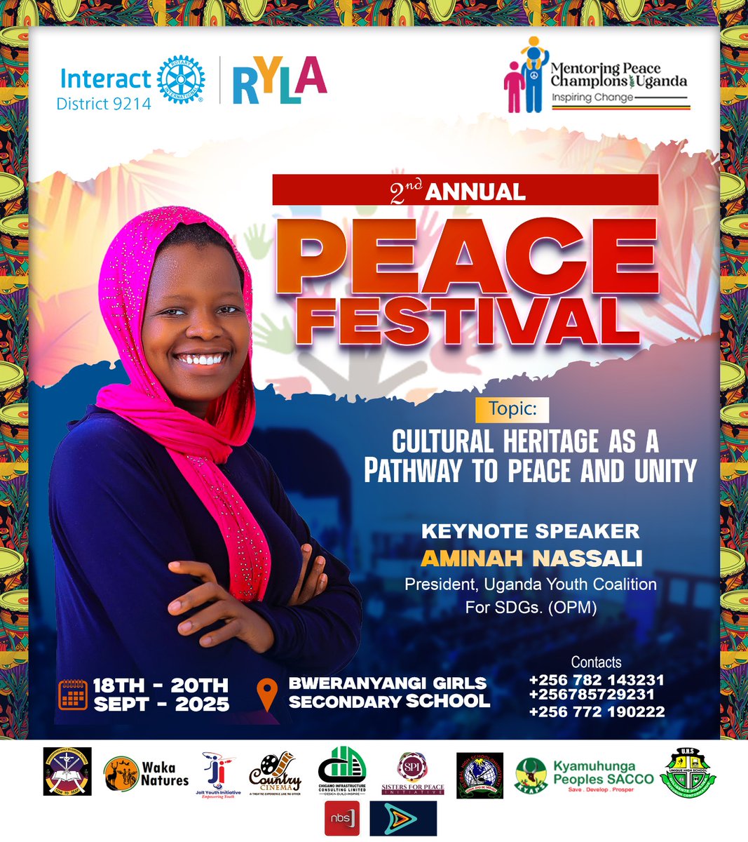 Mentoring Peace Champions Uganda (@champions_peace) on Twitter photo Introducing our Keynote Speaker <a href="/NassaliAminah/">NASSALI AMINAH</a> President of <a href="/Youth4SDGsUga/">Uganda Youth Coalition for SDGs</a> for the 2nd Annual Peace Festival #2ndAnnualPeaceFestival #PeaceFestival25
#Topic: Cultural Heritage As A Pathway To Peace and Unity
18th to 20th Sept, Bweranyangi Girls SS, Bushenyi District Introducing our Keynote Speaker <a href="/NassaliAminah/">NASSALI AMINAH</a> President of <a href="/Youth4SDGsUga/">Uganda Youth Coalition for SDGs</a> for the 2nd Annual Peace Festival #2ndAnnualPeaceFestival #PeaceFestival25
#Topic: Cultural Heritage As A Pathway To Peace and Unity
18th to 20th Sept, Bweranyangi Girls SS, Bushenyi District