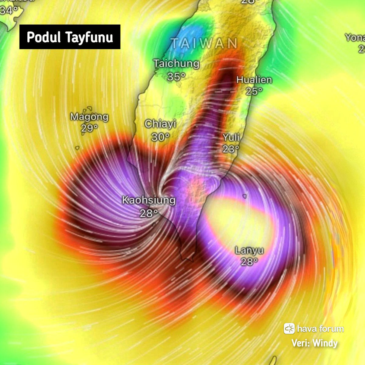 Saatteki hızı 200 kilometreyi bulan Podul Tayfunu Tayvan'ı yıktı geçti. 🌪 Podul'un meteorolojik haritaya yansıyan görüntüsü bile çok korkutucu... 😳👇🏻