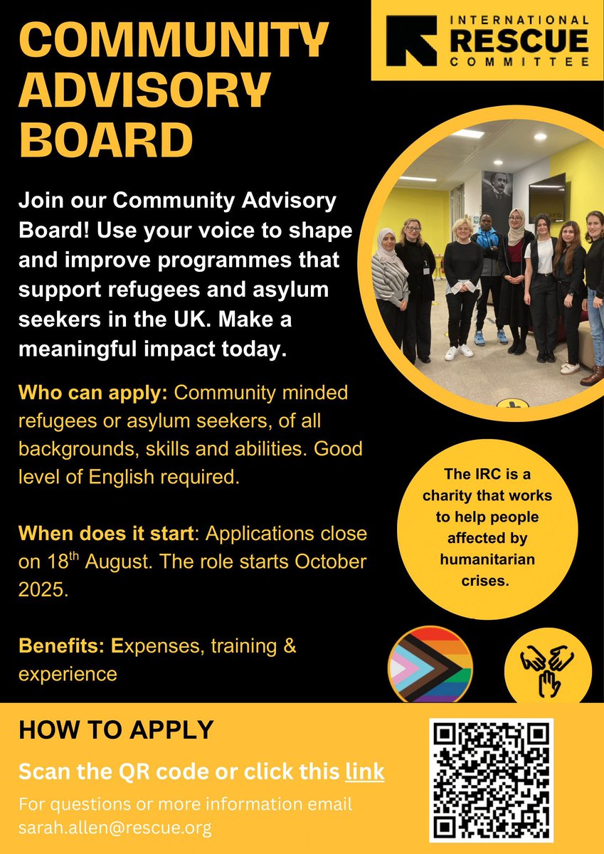 Volunteer Centre Newcastle (@vcnewcastle) on Twitter photo π Be a Voice for Change π
The IRC UK Community Advisory Board is looking for Volunteer Advisors with lived experience as a refugee, asylum seeker, or similar immigration status.
π Deadline: 12pm, 18 August 2025
π² Apply via QR code
βοΈ For more info: sarah.allen@rescue.org π Be a Voice for Change π
The IRC UK Community Advisory Board is looking for Volunteer Advisors with lived experience as a refugee, asylum seeker, or similar immigration status.
π Deadline: 12pm, 18 August 2025
π² Apply via QR code
βοΈ For more info: sarah.allen@rescue.org