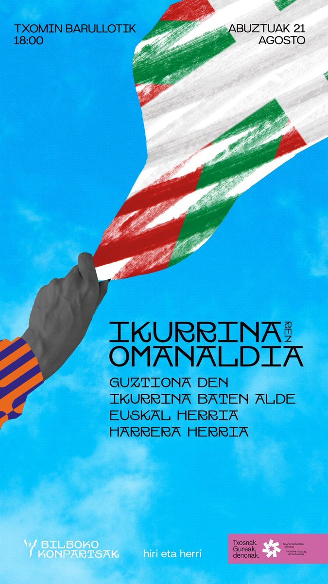 Eta urtero bezala, ere Ikurrinaren omenaldia izango dugu Aste Nagusiko ostegunean. Bilboko kaleak aldarrikapenez beteko ditugu.

#AsteNagusia2025
#BilbokoKonpartsak
#TxosnakGureakDenonak