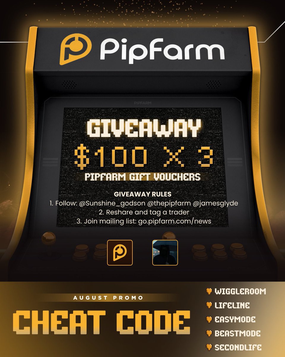 Sire Godson (@sunshine_godson) on Twitter photo 💛$100 x 3 PIPFARM GIFT VOUCHERS💛
How to win
Follow
@ host <a href="/thepipfarm/">PipFarm | Funded Trader Firm</a> <a href="/Jamesglyde/">James Glyde</a> <a href="/Sunshine_godson/">Sire Godson</a>
💛Reshare and tag a trader
💛Join mailing list: go.pipfarm.com/news 💛$100 x 3 PIPFARM GIFT VOUCHERS💛
How to win
Follow
@ host <a href="/thepipfarm/">PipFarm | Funded Trader Firm</a> <a href="/Jamesglyde/">James Glyde</a> <a href="/Sunshine_godson/">Sire Godson</a>
💛Reshare and tag a trader
💛Join mailing list: go.pipfarm.com/news