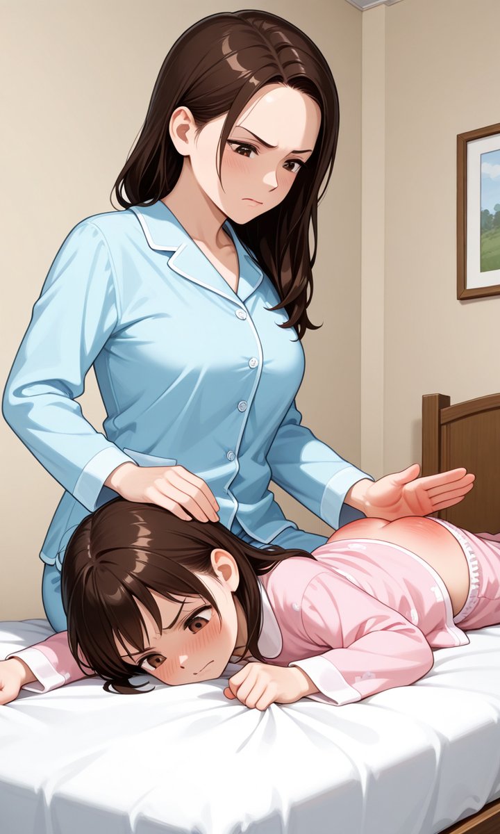 これはアプリ版のPixAIで生成したもの
アプリ版はweb版に比べてプロンプトの規制が厳しいので、スパンキングはもちろん、お尻叩きやお仕置きもNGになる
なのでワードを一捻り
tsubaki使用でプロンプトは以下

ママに躾される小学生。パジャマ姿。ベッドの上。膝の上にうつ伏せになる。横から見た構図。