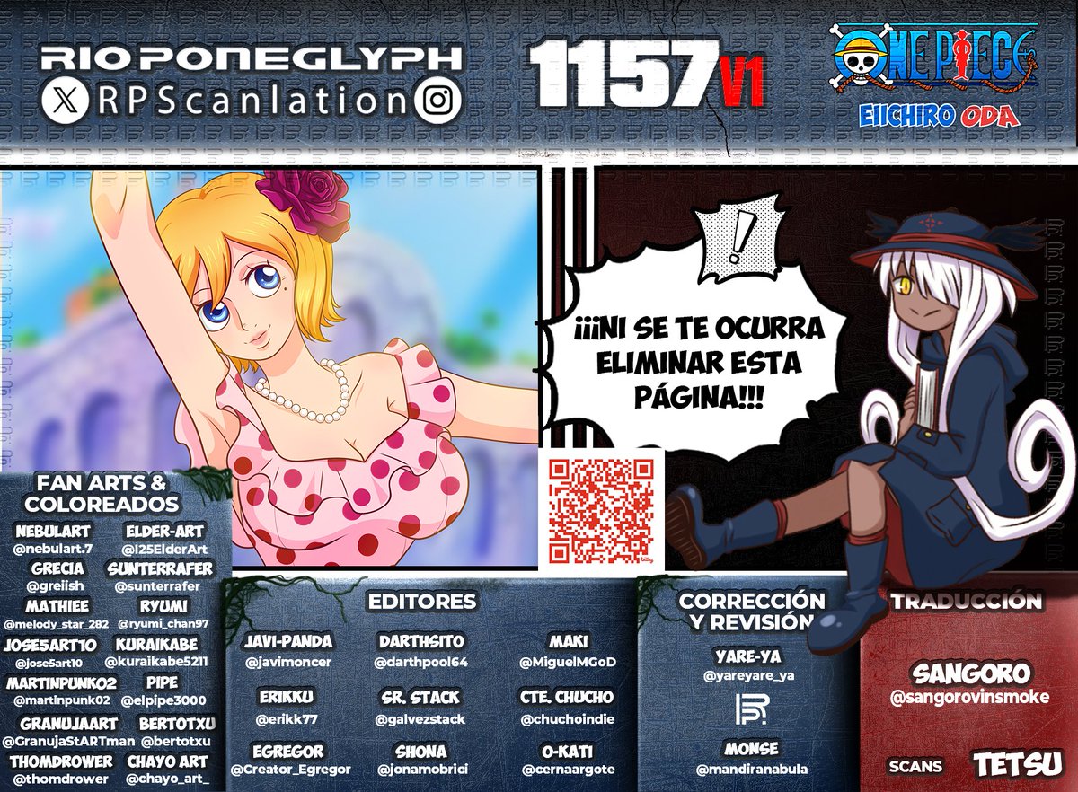 Ya está aquí nuestra primera versión de #OnePiece1157, que la disfruten!! Recuerden que el finde sale la versión final con datos extra y glosario!
#OnePiece #RioPoneglyphScans 
Opción 1:  bit.ly/OP-1157v1-RPS-1
Opción 2:  bit.ly/OP-1157v1-RPS-2
Descarga: bit.ly/descargas-rps-m