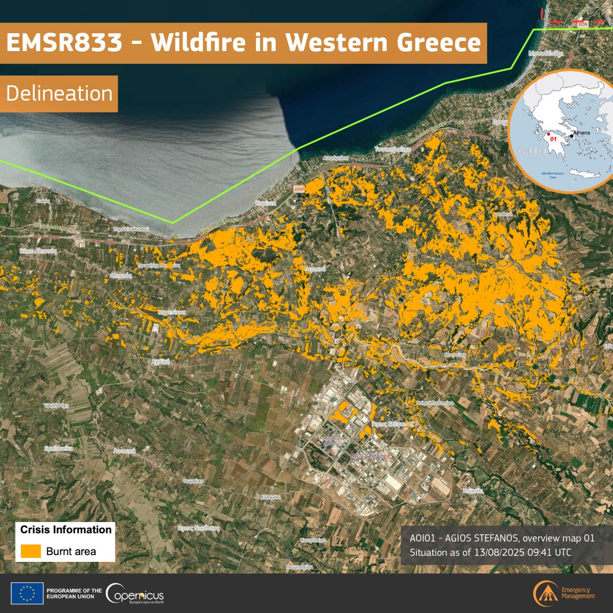 🔥 #EMSR833 – Wildfire in Western Greece 🇬🇷

Our latest map shows a burnt area of 922 ha near Agios Stefanos, with ~200 people potentially affected.

🛰️#MappingTeam continues to monitor and assess the impact to support emergency services.

🔗rapidmapping.emergency.copernicus.eu/EMSR833