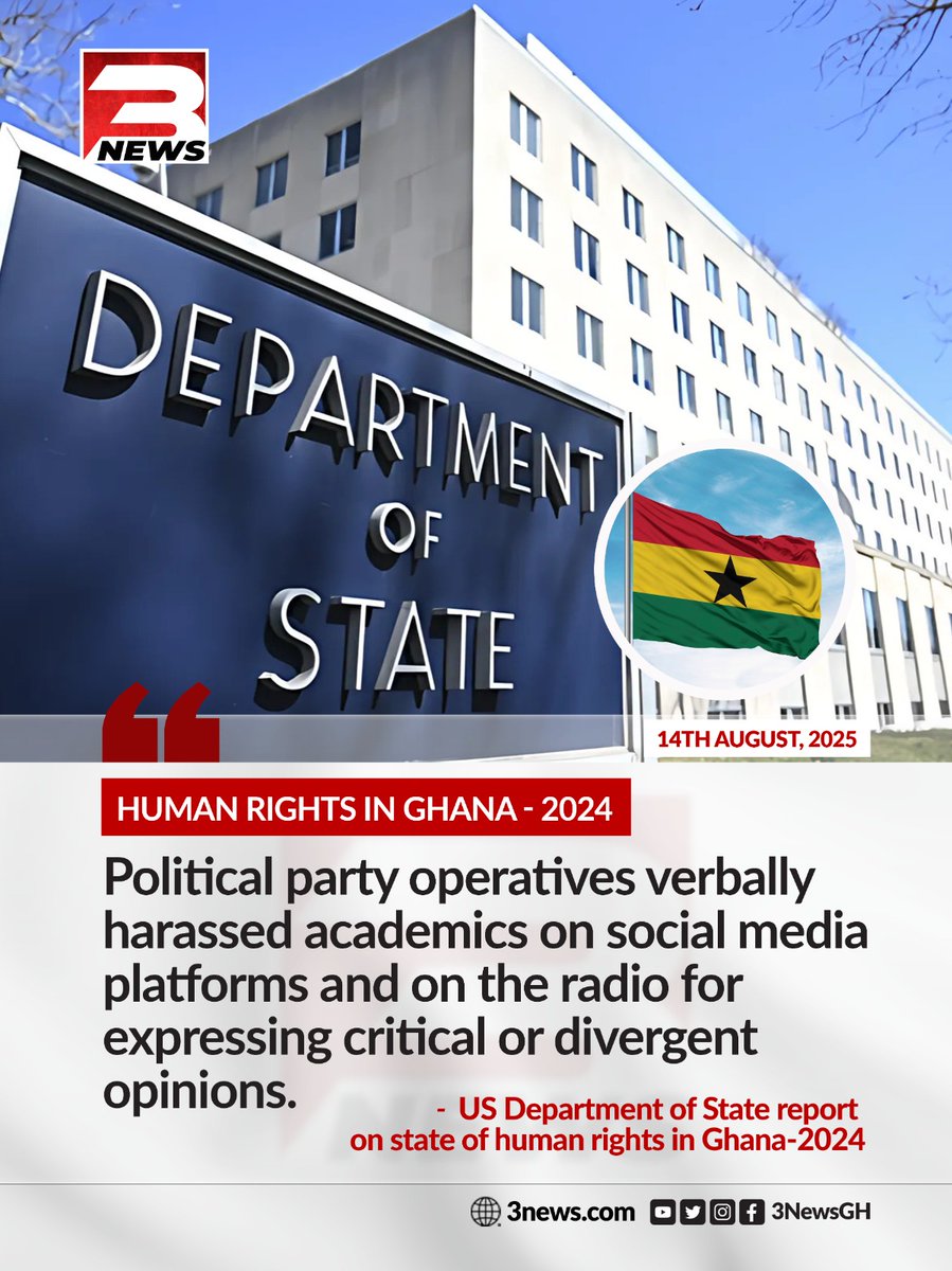 In 2024, freedom of expression for academics in Ghana came under strain, with the U.S. Department of State reporting incidents of verbal harassment by political party operatives both on social media and radio.

#3NewsGH