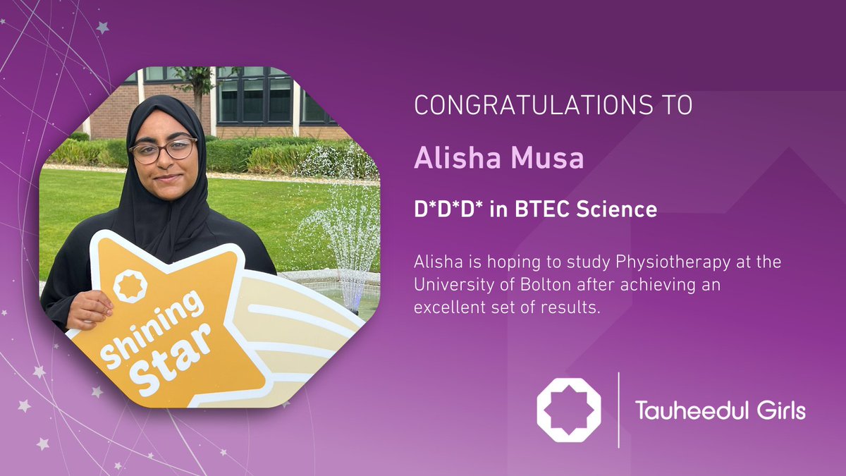 TauheedulGirls's tweet image. Congratulations to Alisha Musa @TauheedulGirls.... D*D*D* in BTEC Science. Hoping to study Physiotherapy at the @Uni_GreaterMcr.
#Tauheedul #ALevelResults. #ResultsDay #WeAreStar @StarAcademies