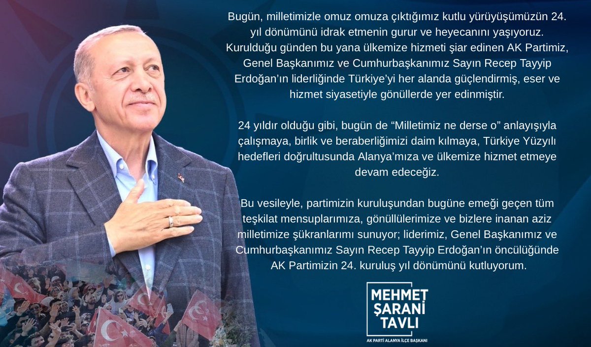 24 yıldır olduğu gibi, bugün de “Milletimiz ne derse o” anlayışıyla çalışmaya, birlik ve beraberliğimizi daim kılmaya, Türkiye Yüzyılı hedefleri doğrultusunda Alanya’mıza ve ülkemize hizmet etmeye devam edeceğiz.

<a href="/RTErdogan/">Recep Tayyip Erdoğan</a>