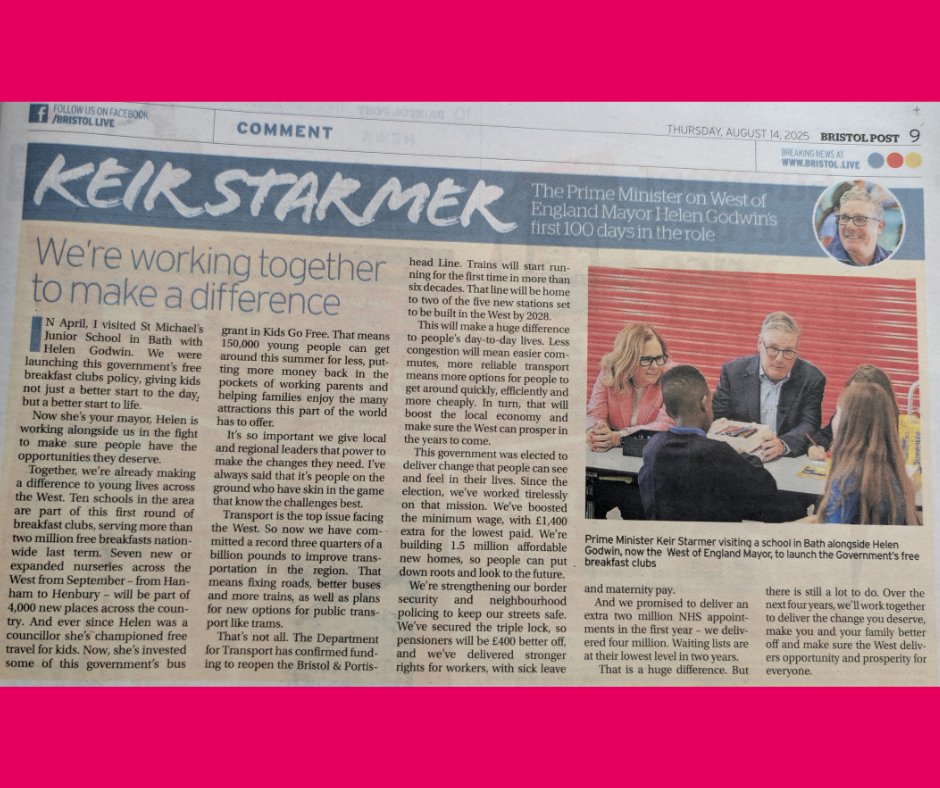 West of England Mayoral Combined Authority (@westofenglandca) on Twitter photo .<a href="/Keir_Starmer/">Keir Starmer</a>: "Now she’s your Mayor, Helen is working alongside us in the fight to make sure people have the opportunities they deserve."
The PM in the Bath Chronicle, <a href="/BristolLive/">Bristol Live</a>, and Western Daily on investing in the West, Kids Go Free, and more: tinyurl.com/KeirStarmerHel… .<a href="/Keir_Starmer/">Keir Starmer</a>: "Now she’s your Mayor, Helen is working alongside us in the fight to make sure people have the opportunities they deserve."
The PM in the Bath Chronicle, <a href="/BristolLive/">Bristol Live</a>, and Western Daily on investing in the West, Kids Go Free, and more: tinyurl.com/KeirStarmerHel…