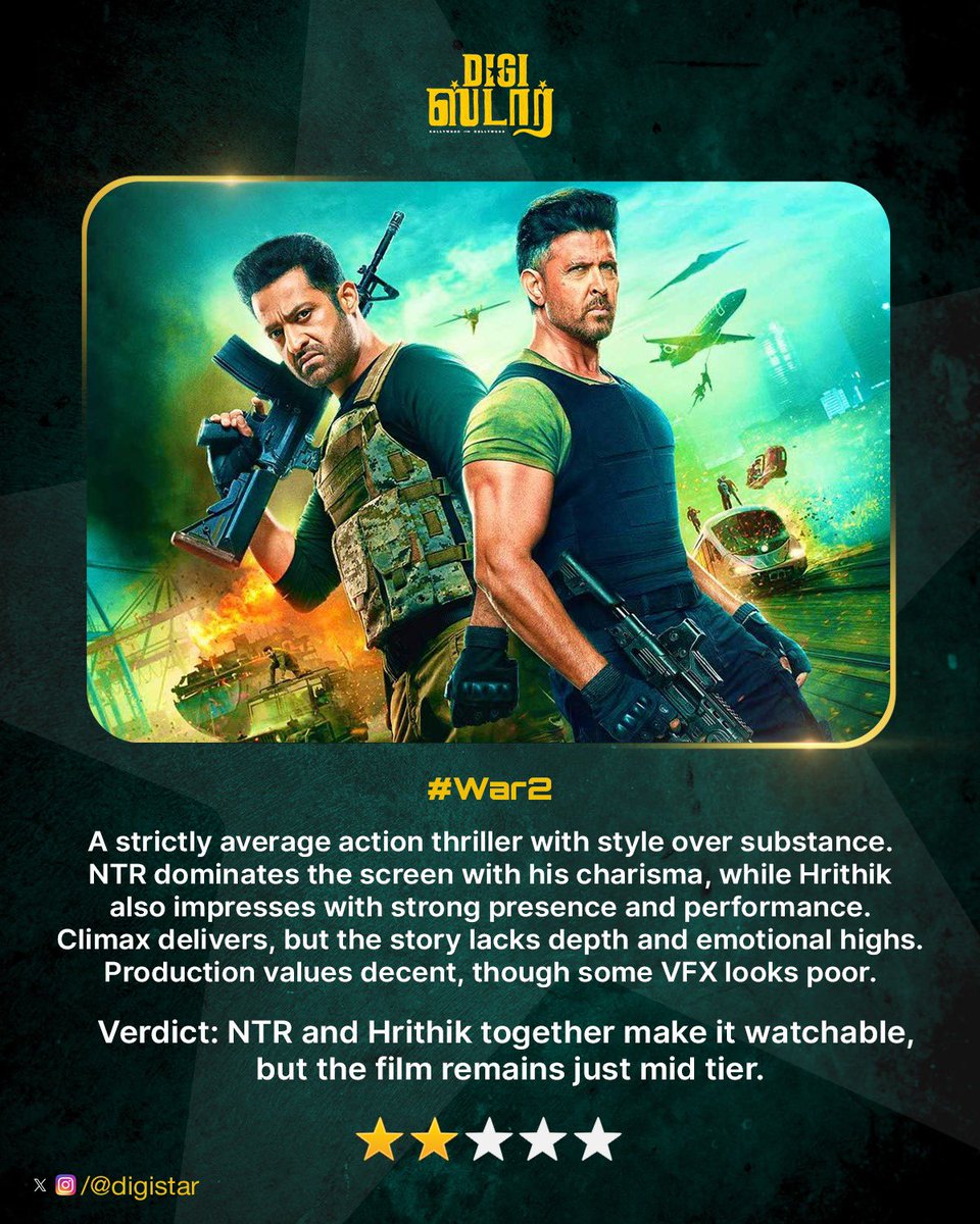#War2 is an action-packed ride, though the story feels uneven. #JrNTR shines with his intense performance and #HrithikRoshan brings his usual energy and style. Both lead actors make it worth watching, even if the film itself lands just above average.