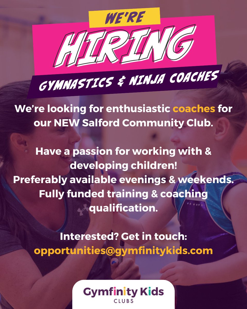 bethtweddlenews's tweet photo. @GymfinityKids  is excited to be recruiting for our 3 new sites Droylsden (Laurus Ryecroft High School), Salford (Star Salford Academy) and Blackburn (St Bedes). if you are interested in joining our team contact opportunities@gymfinitykids.co.uk https://t.co/HR8bR2zjj4