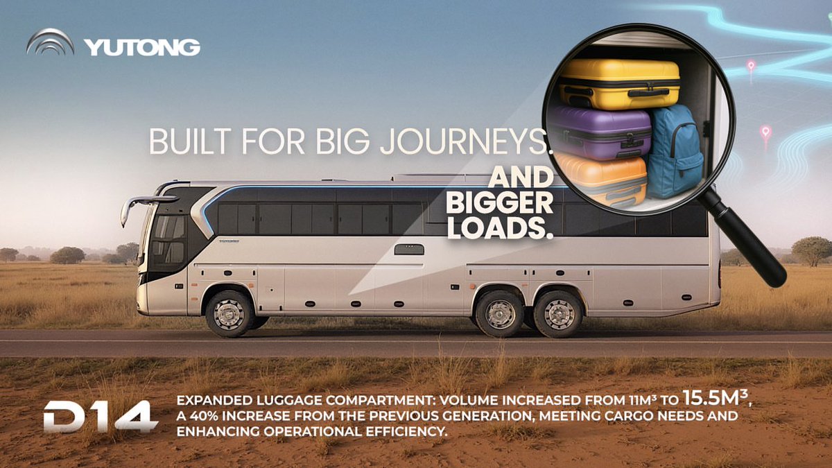 Yutong_tanzania's tweet photo. Designed for today's evolving travel and transport needs, the Yutong D14 Coach offers an expanded luggage compartment with 15.5m³ of storage space, a 40% increase from its previous generations.
#Yutong #D14 #YutongCoach #Innovation #TimeTellsEverything #Comfort #Transportation. https://t.co/YxpTO8j2fB