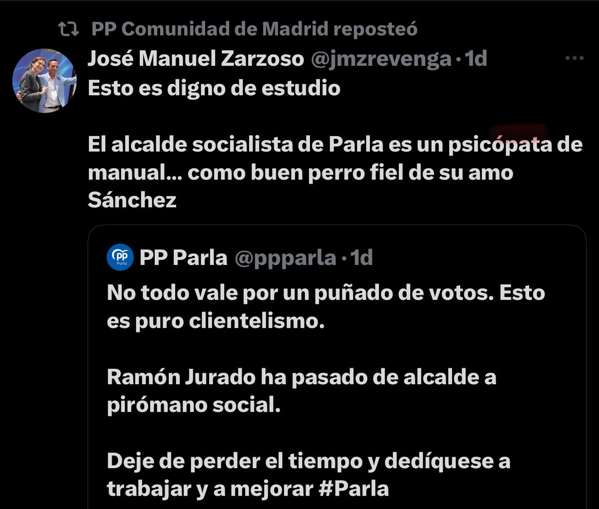 Ramón Jurado (@ramonjurado) on Twitter photo No es la primera vez que este señor, <a href="/jmzrevenga/">José Manuel Zarzoso</a>, me dedica unas palabras tan amables.
Psicopata, corrupto, ladrón, Hitler, tirano…son algunos ejemplos de su educación y de sus argumentos políticos.
Exijo a <a href="/ppmadrid/">PP Comunidad de Madrid</a> una rectificación por compartir este comentario en sus redes, No es la primera vez que este señor, <a href="/jmzrevenga/">José Manuel Zarzoso</a>, me dedica unas palabras tan amables.
Psicopata, corrupto, ladrón, Hitler, tirano…son algunos ejemplos de su educación y de sus argumentos políticos.
Exijo a <a href="/ppmadrid/">PP Comunidad de Madrid</a> una rectificación por compartir este comentario en sus redes,