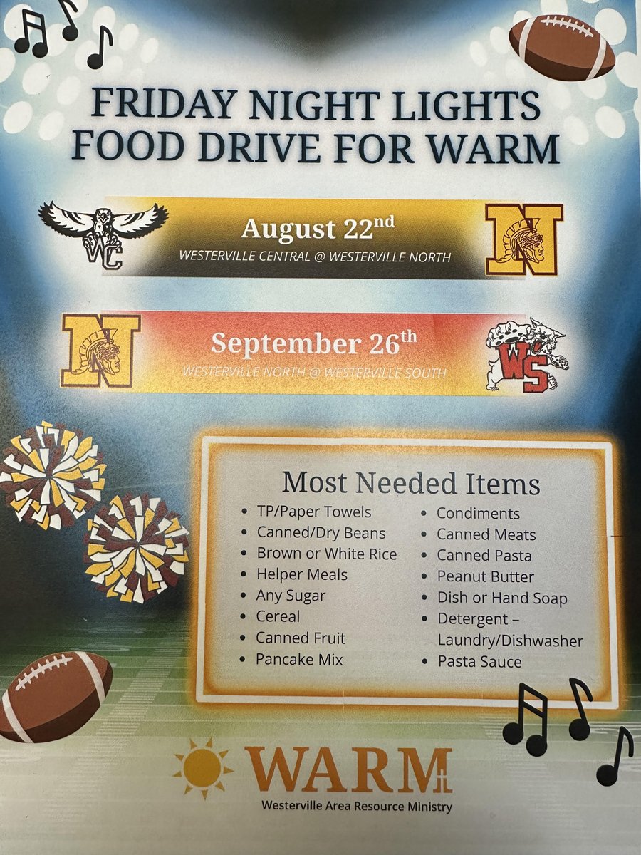 2025 Football Week #1 - Central at North:

🏈FRIDAY NIGHT LIGHTS "FOOD DRIVE FOR WARM"

🙋Drop off any of the items listed below at McCann Stadium Friday to help others in our community!

<a href="/Warhawks_WCHS/">Westerville Central High School</a> <a href="/WNWarriorsFB/">Westerville North Football</a> <a href="/wn_cheerleading/">WNHS Cheerleading</a> <a href="/WNHSDrillTeam/">WarriorettesDrillTeamWNHS</a> <a href="/WNHSBands/">WNHS Bands</a> <a href="/WARM_1972/">WARM</a> 

#ALLN
