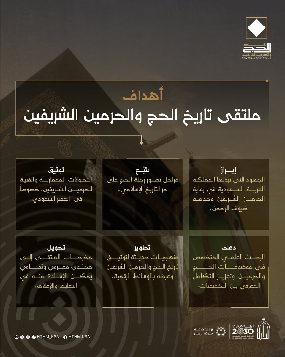 يأتي #ملتقى_تاريخ_الحج_والحرمين_الشريفين في هذا الوقت لتحقيق عدد من الأهداف المهمة، التي تتسق مع العناية الكبيرة التي توليها المملكة العربية السعودية هذه الشعيرة العظيمة.

#تاريخ_الحج_والحرمين_الشريفين