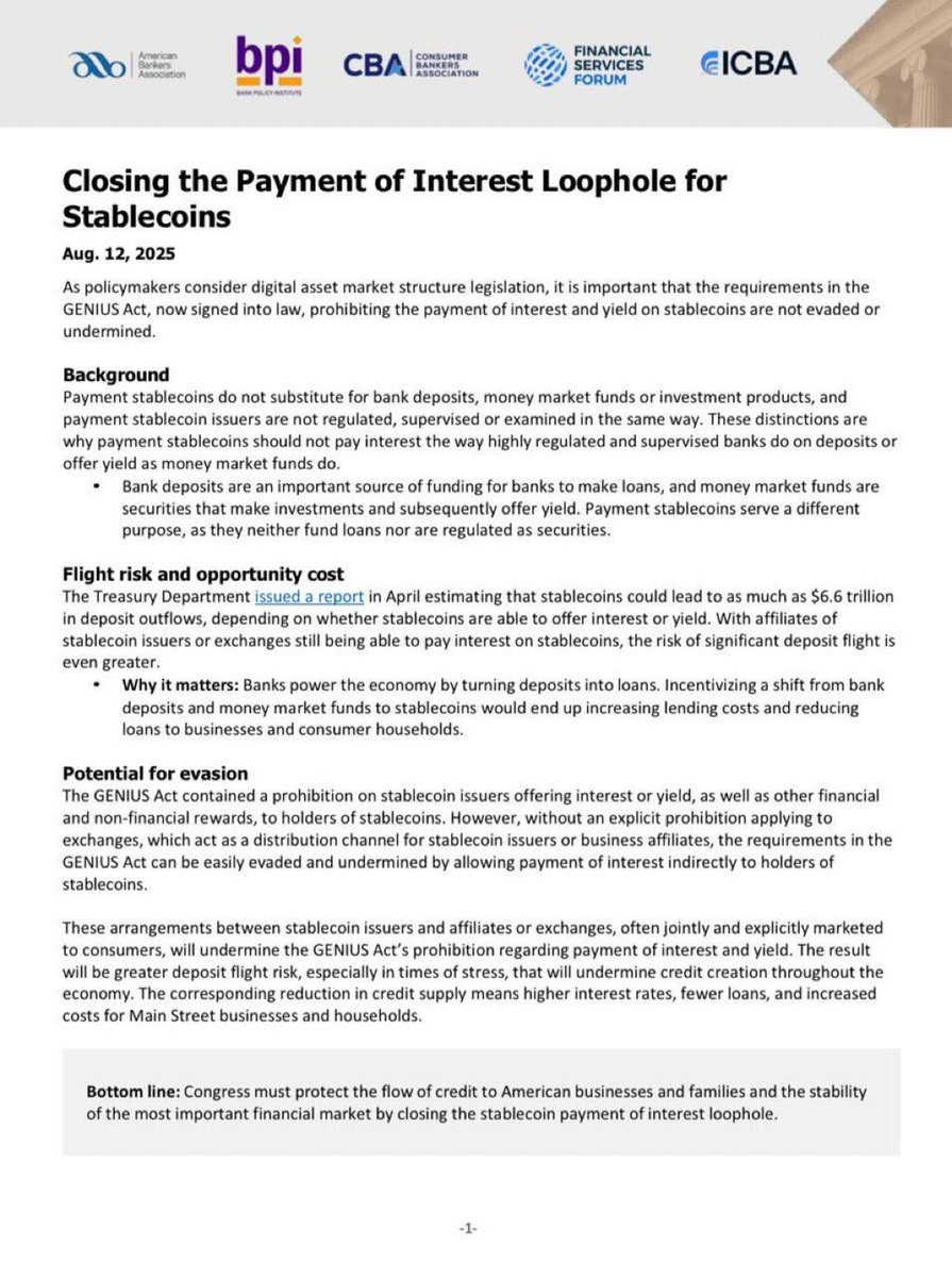 iapezteguia's tweet photo. El Bank Policy Institute instó al Congreso a cerrar la laguna legal sobre los intereses de las monedas estables de la Ley GENIUS para evitar la fuga de depósitos. 

Stablecoins win https://t.co/O3No6MU0aL