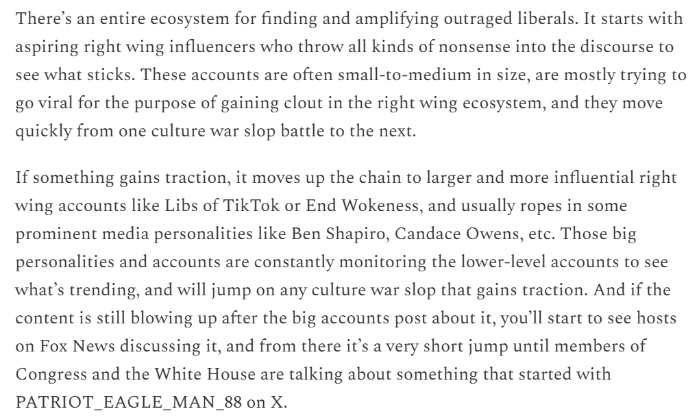 JeremiahDJohns's tweet image. There’s nothing in right wing politics more important than pissing off the liberals. And if there aren&apos;t enough furious liberals, there&apos;s an entire MAGA ecosystem built to manufacture outraged liberals out of thin air.