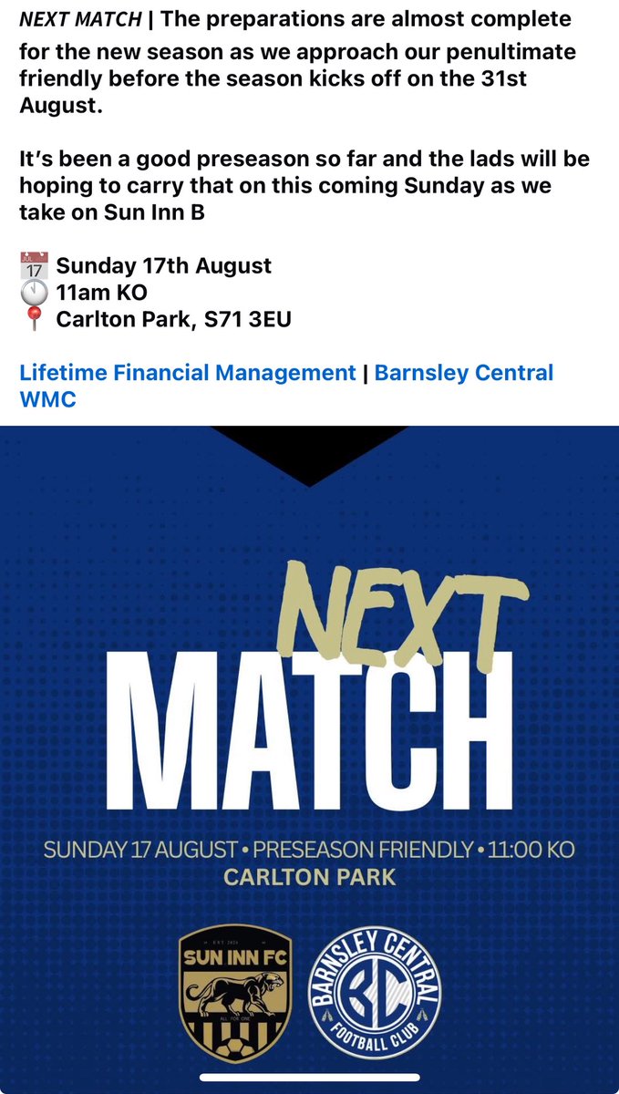 Sun Inn v Barnsley Central at Carlton Park on Sunday #BarnsleySunday 
<a href="/NonLeagueFix/">NonLeagueFixtures</a>