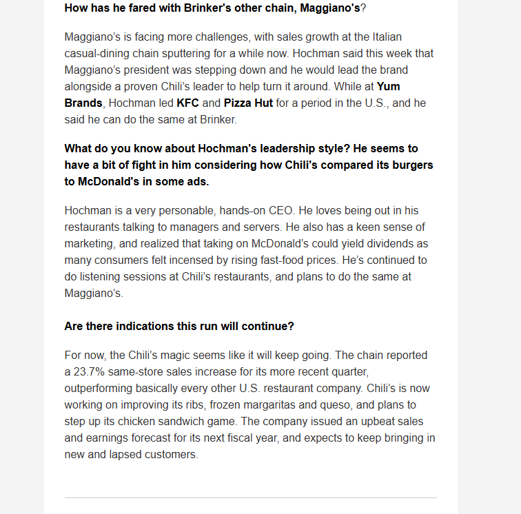 Barbarian Capital (@barbariancap) on Twitter photo Chili's finally makes it to the WSJ CEO Brief...
Both the best industry journalist <a href="/jonathanmaze/">Jonathan Maze</a> and their biggest fan <a href="/girdley/">Michael Girdley</a> have been on it for a long time here. $EAT Chili's finally makes it to the WSJ CEO Brief...
Both the best industry journalist <a href="/jonathanmaze/">Jonathan Maze</a> and their biggest fan <a href="/girdley/">Michael Girdley</a> have been on it for a long time here. $EAT