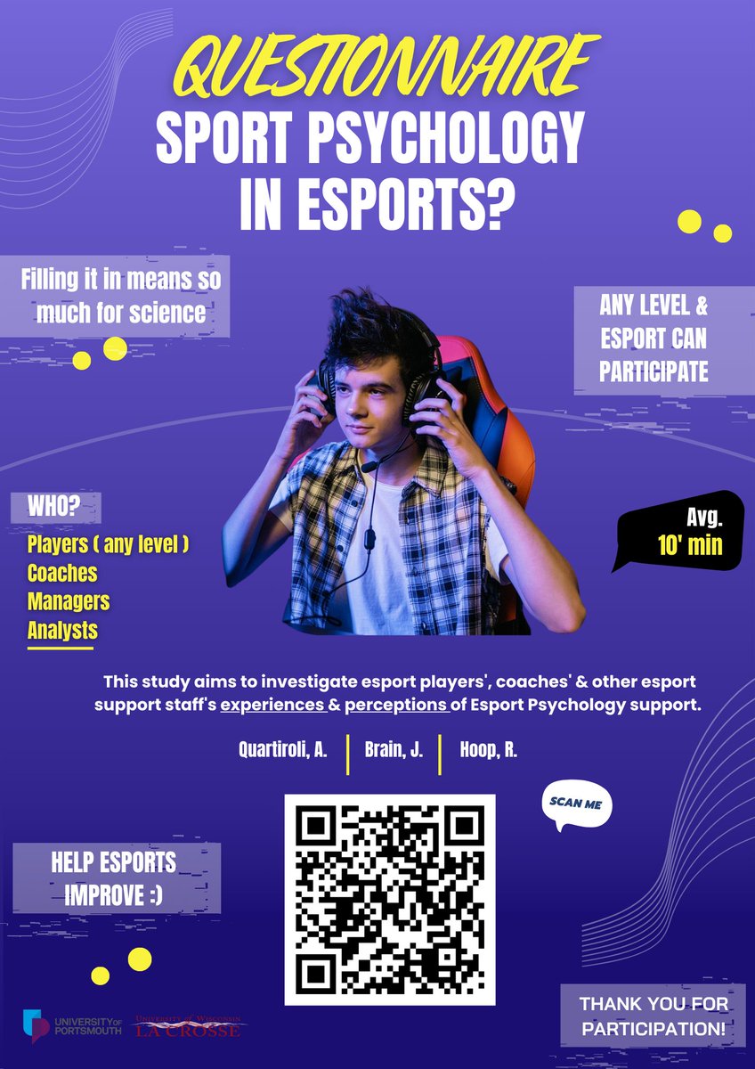 If everyone who saw this post would fill in this 10 min questionnaire we would have an amazing sample size for our research study 🙏🥲

Who?! Players (any level), managers, coaches, analysts, casters, ... from any esport please help science grow!

🔗uwlax.ca1.qualtrics.com/jfe/form/SV_eV…

👁‍🗨