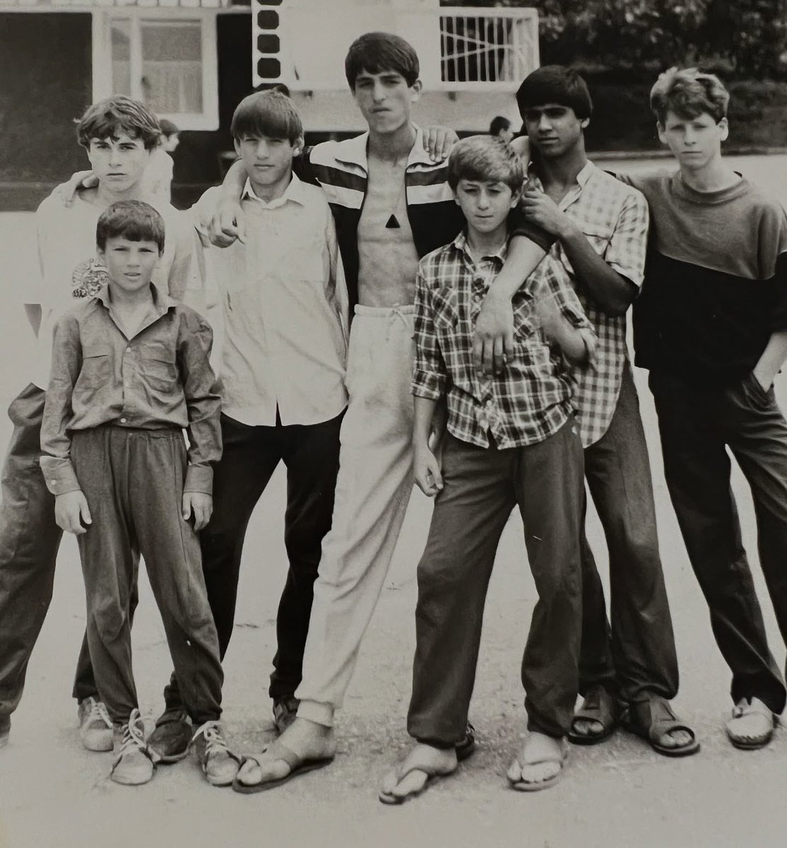 Kids on vacation in a sports camp. Dagestan ASSR, 1989.

Third from left Buvaisar Saitiev, future three-time Olympic champion in freestyle wrestling, second from left Zaur Bataev, future European champion in freestyle wrestling.