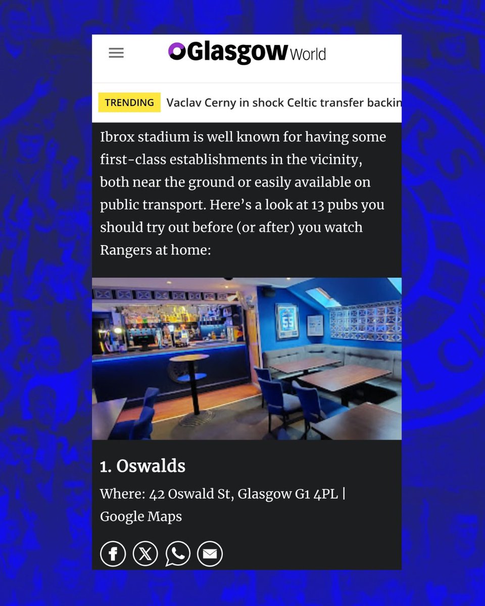 Oswalds Bar (@oswaldsbar) on Twitter photo We are proud to be on <a href="/GlasgowWorldUK/">GlasgowWorld</a> list of Bouncing Pre-Match Rangers bars alongside so many other great bars πΊ
#thepeoplespub π΄βͺοΈπ΅
glasgowworld.com/sport/footballβ¦ We are proud to be on <a href="/GlasgowWorldUK/">GlasgowWorld</a> list of Bouncing Pre-Match Rangers bars alongside so many other great bars πΊ
#thepeoplespub π΄βͺοΈπ΅
glasgowworld.com/sport/footballβ¦