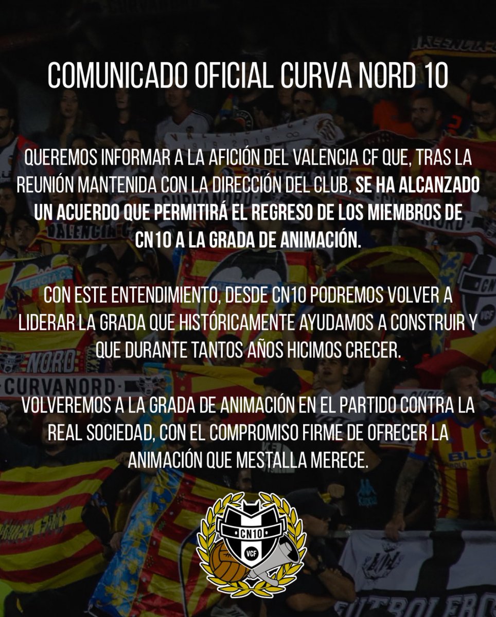 Héctor Gómez (@generaldepie_) on Twitter photo Confirmada la noticia avanzada por <a href="/TribunaVCF/">Tribuna Deportiva</a> toda la semana. Habrá animación en Mestalla desde el sábado <a href="/CN10_VLC/">Curva Nord Valencia</a> Confirmada la noticia avanzada por <a href="/TribunaVCF/">Tribuna Deportiva</a> toda la semana. Habrá animación en Mestalla desde el sábado <a href="/CN10_VLC/">Curva Nord Valencia</a>
