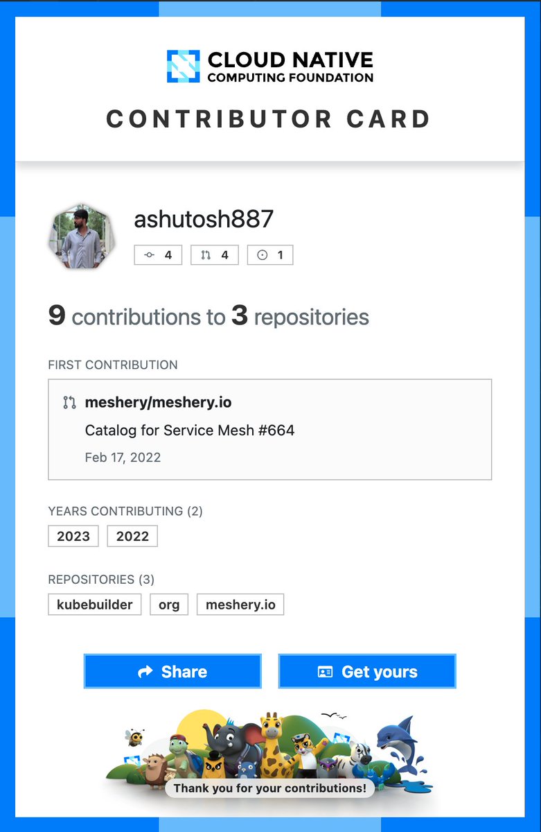 ashutosh887_'s tweet image. Happy #cTENcf! Check out my #FirstContribution to CNCF projects #ContribCard #CNCF10 contribcard.cncf.io/ashutosh887 

PS: I was in an assumption that I&apos;ve contributed more but...