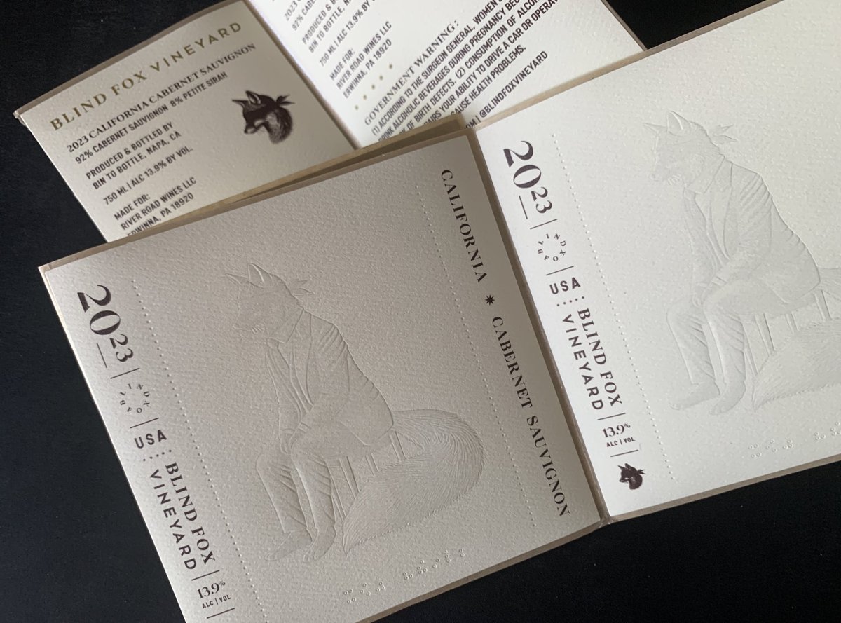 Received some test samples this week for the wine labels we’ve been working on for Blind Fox Vineyard.

Combined printed elements with a ‘blind’ emboss and deboss on textured eggshell label paper.

It’s starting to feel real!