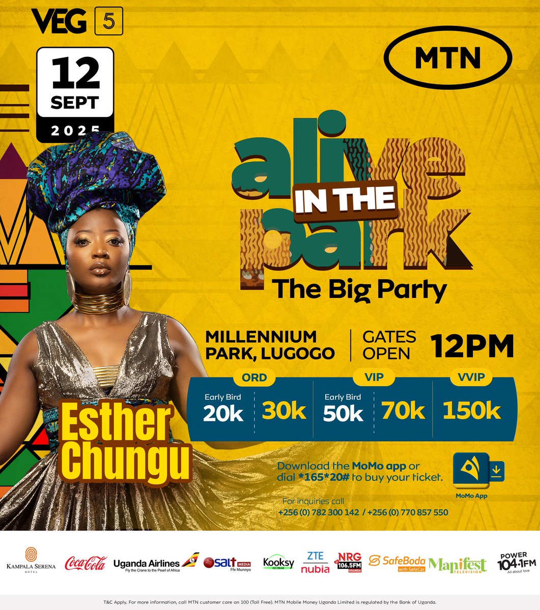<a href="/VineEntGroup/">#VEGat5 🔥</a> is shutting it down ✍🏾

The home of culture is coming to you Sept 12th 2025| Millenium Park - Lugogo ft <a href="/ThePompi/">Pompi</a> x <a href="/itsEstherChungu/">MrsNyathando</a> 🇿🇲

Tickets🎟️20k, 50k, 150k VVIP <a href="/mtnmomoug/">MoMo from MTN Uganda</a> 👉🏾 momoticketing.com/event/alive-in…

#AliveInThePark #VEGat5