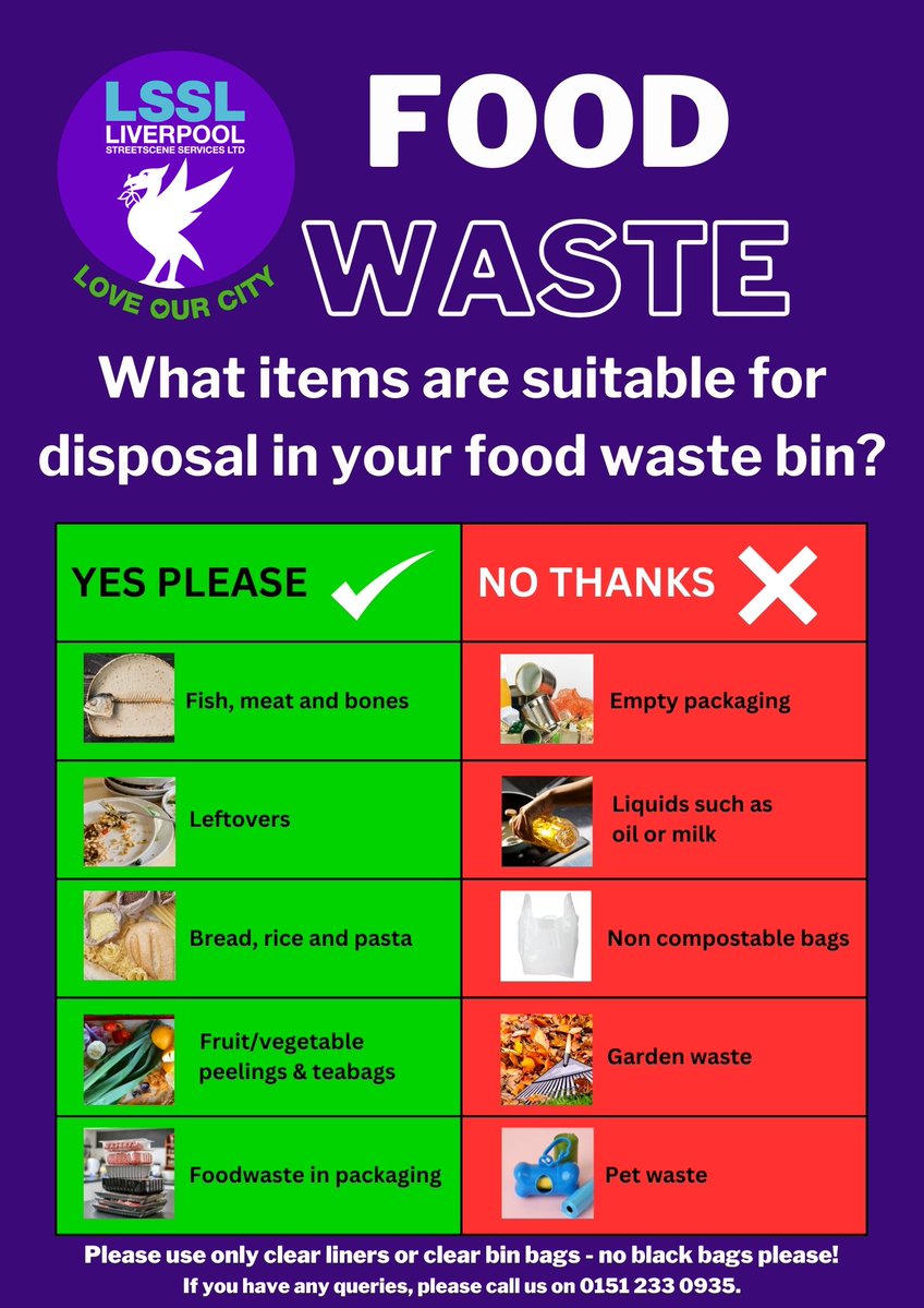 Liverpool Streetscene Services Ltd (@lpool_lssl) on Twitter photo Businesses & schools - here’s a quick reminder of what can & can’t be put in your #FoodWaste bin! 🥕
Need help with #SimplerRecycling practices? We're here to support you. Call our Commercial Waste team on 0151 233 0935 or email commercial.waste@lssl.liverpool.gov.uk. Businesses & schools - here’s a quick reminder of what can & can’t be put in your #FoodWaste bin! 🥕
Need help with #SimplerRecycling practices? We're here to support you. Call our Commercial Waste team on 0151 233 0935 or email commercial.waste@lssl.liverpool.gov.uk.