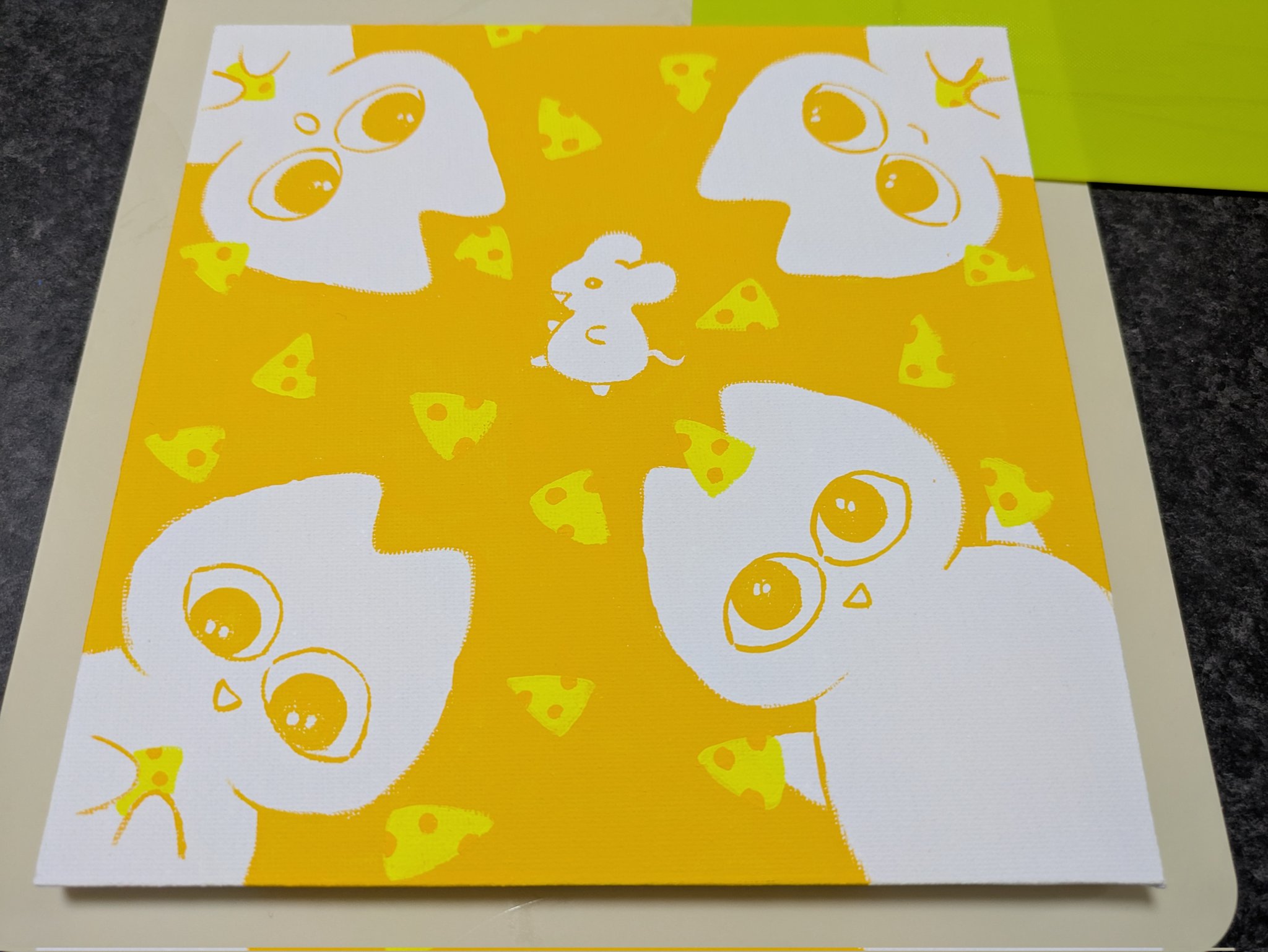 「猫とインコとイングリッシュコッカーのいる寝室」アクリル画 原画F8キャンバス 猫とインコとイングリッシュコッカーのいる寝室」アクリル画