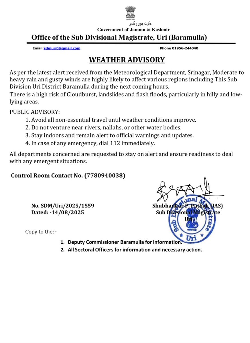 ⚠️ WEATHER ADVISORY
As per the latest alert received from the Meteorological Department, Srinagar, intense rain and gusty winds are highly likely to affect various regions including Baramulla.
<a href="/OfficeOfLGJandK/">Office of LG J&K</a> 
<a href="/mingasherpa/">Minga Sherpa</a> 
<a href="/DCBaramulla/">Deputy Commissioner Baramulla</a> 
<a href="/diprjk/">Information & PR, J&K</a>